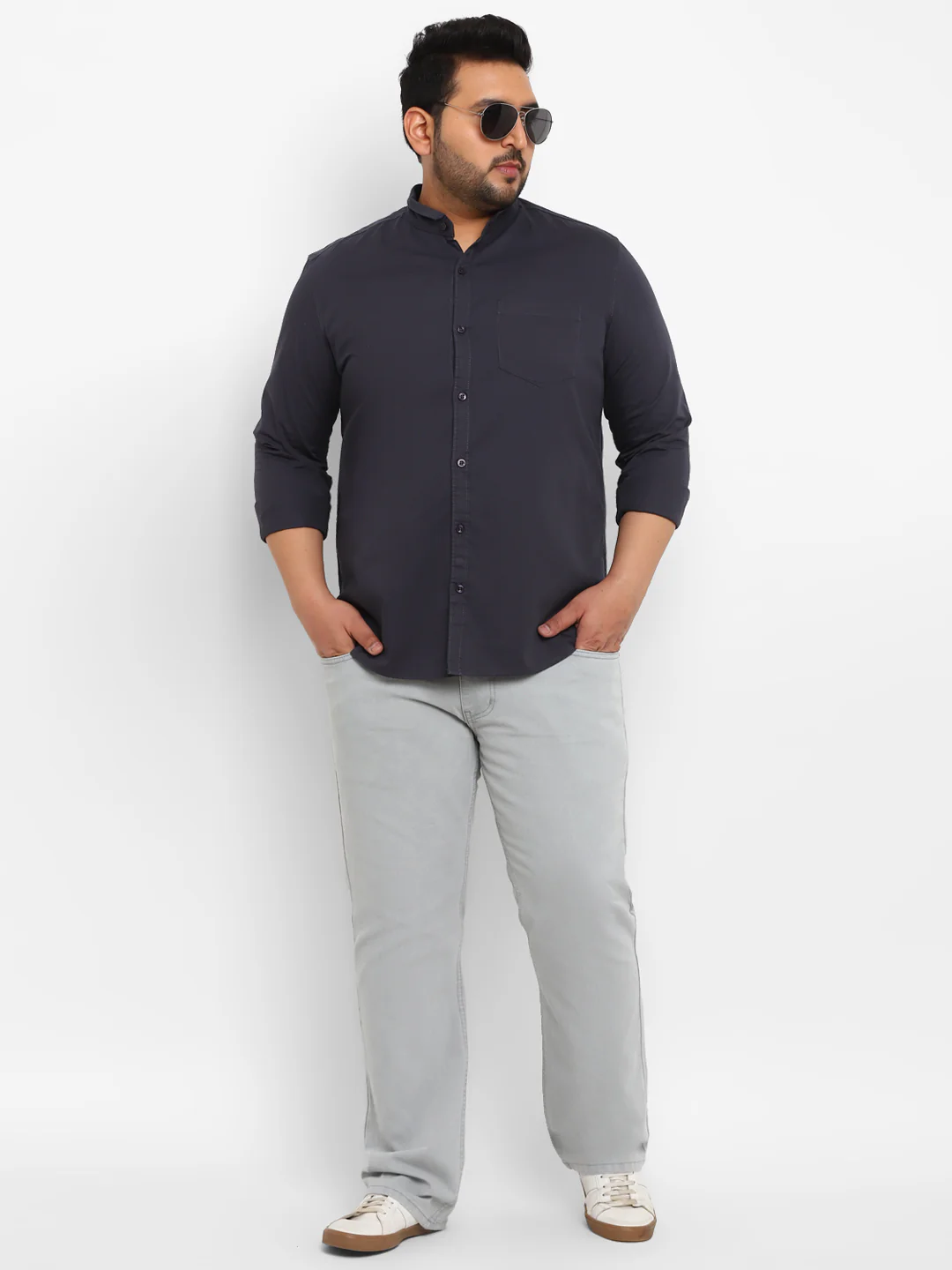 Plus Men's Dark Grey Cotton Full Sleeve Regular Fit Casual Solid Shirt with Mandarin Collar - Image 4