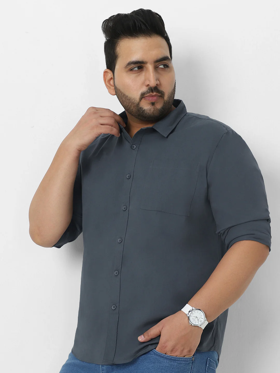Plus Men's Dark Grey Cotton Full Sleeve Regular Fit Casual Solid Shirt - Image 2