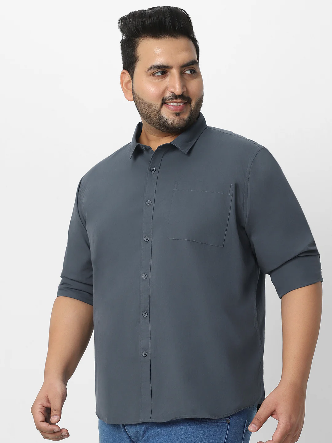 Plus Men's Dark Grey Cotton Full Sleeve Regular Fit Casual Solid Shirt - Image 3