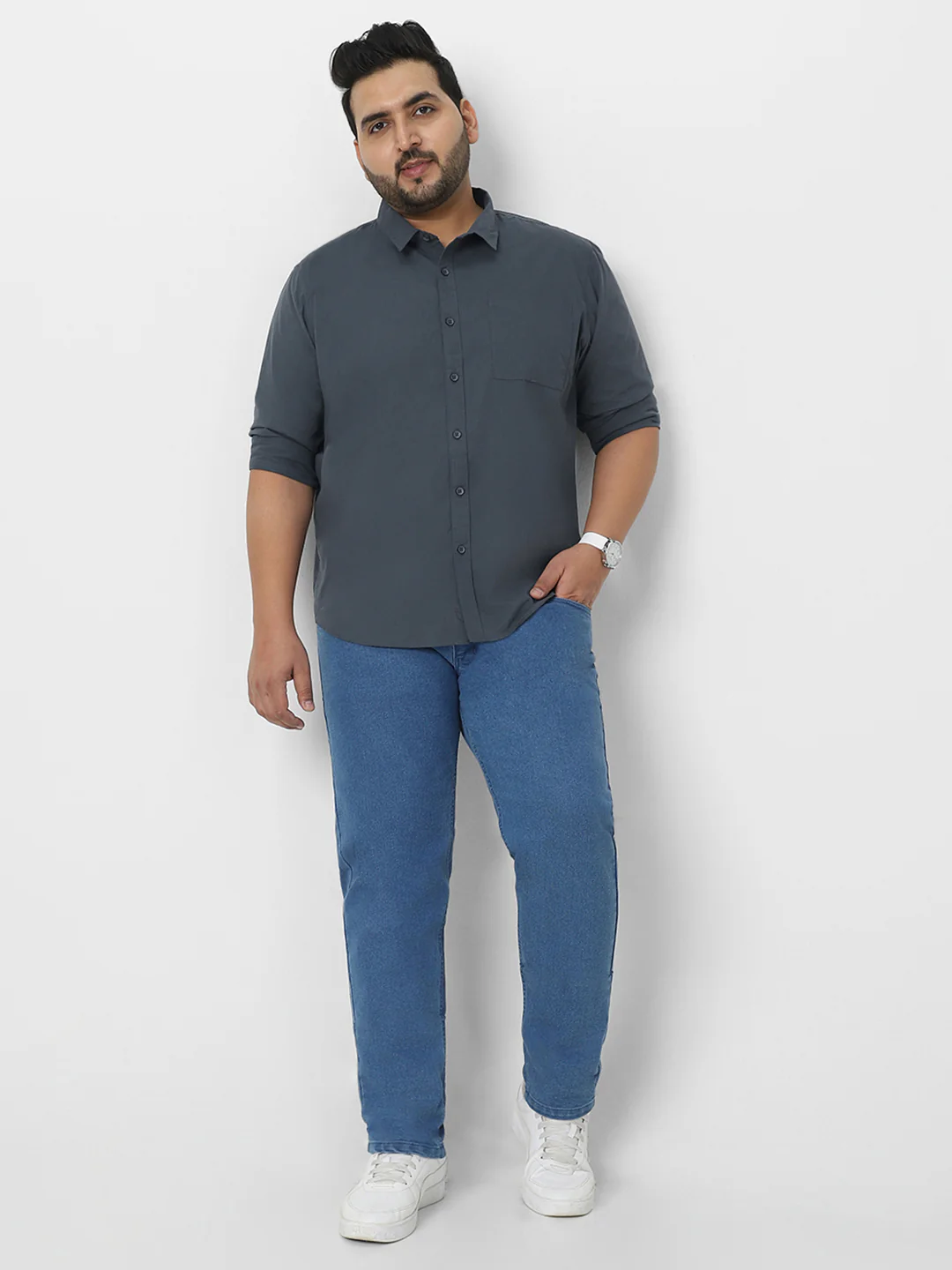 Plus Men's Dark Grey Cotton Full Sleeve Regular Fit Casual Solid Shirt - Image 5