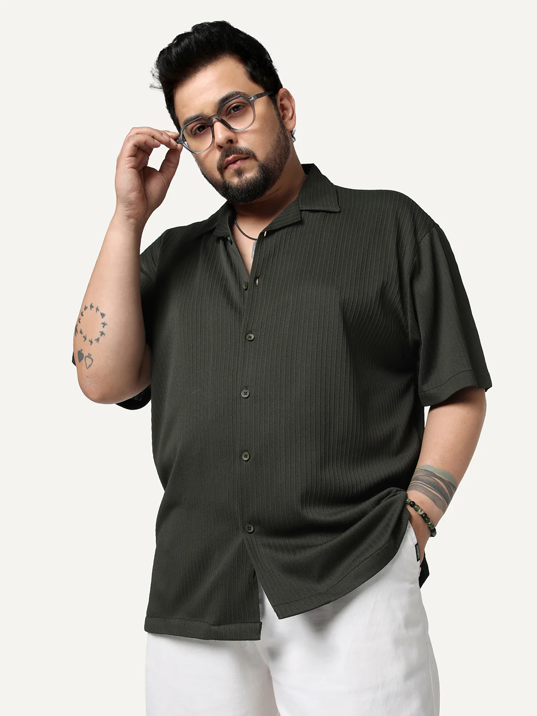 Plus Men's Dark Grey Cotton Half Sleeve Oversized Fit Textured Shirt with Cuban Collar