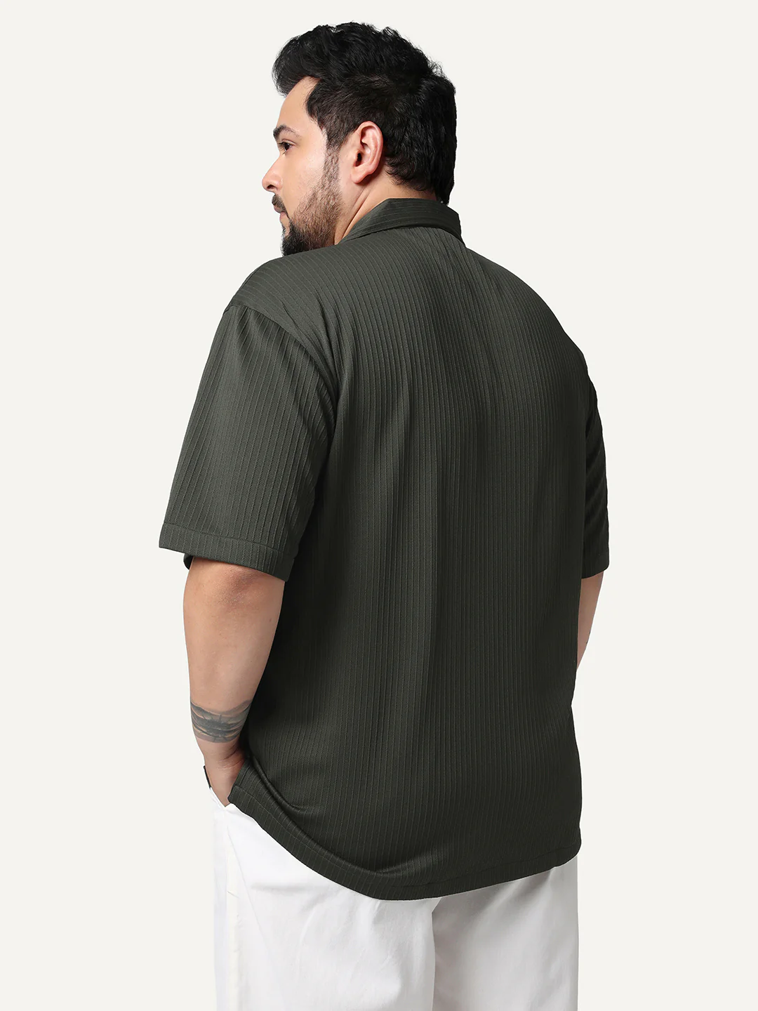 Plus Men's Dark Grey Cotton Half Sleeve Oversized Fit Textured Shirt with Cuban Collar - Image 3