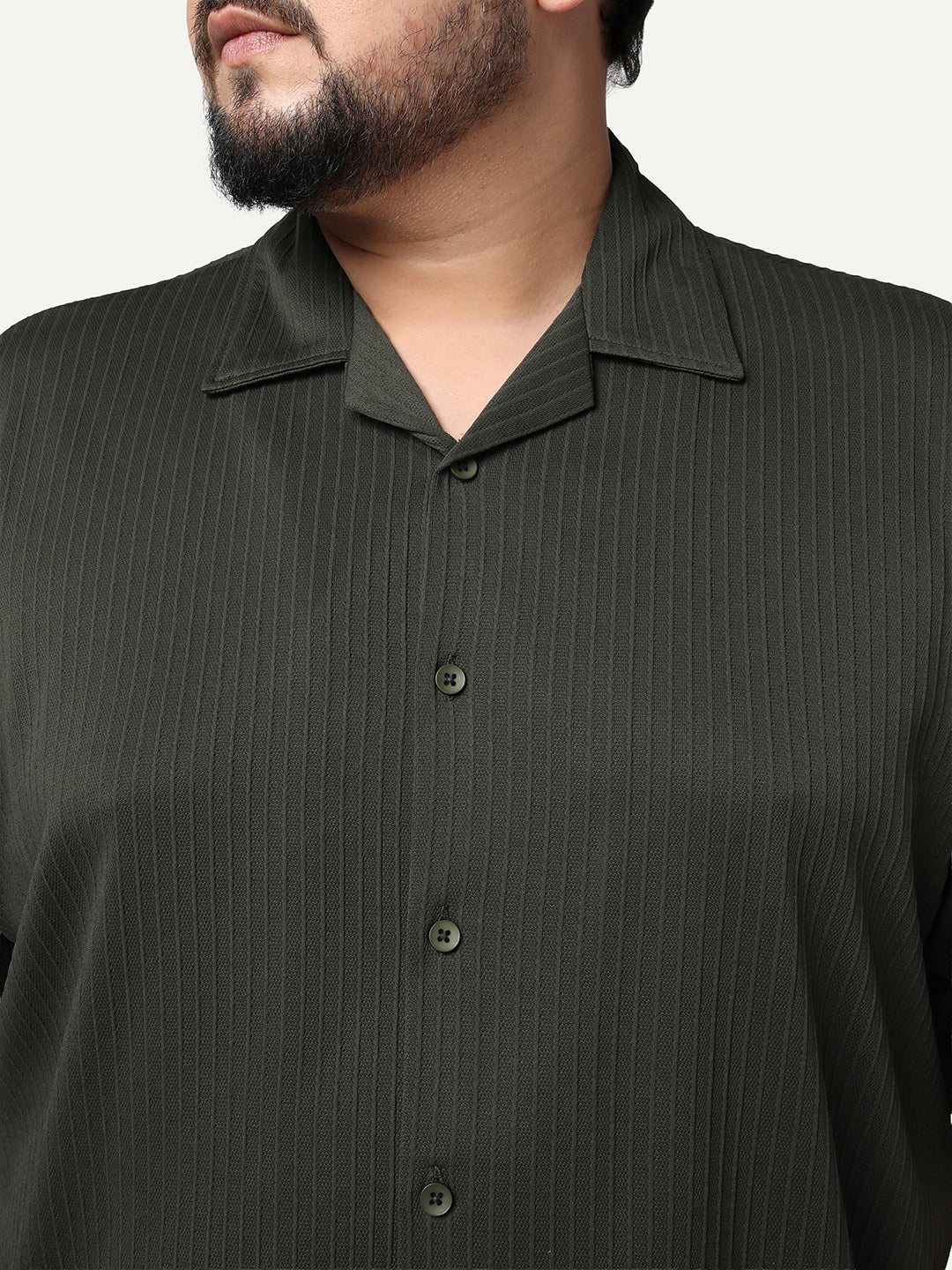 Plus Men's Dark Grey Cotton Half Sleeve Oversized Fit Textured Shirt with Cuban Collar - Image 5