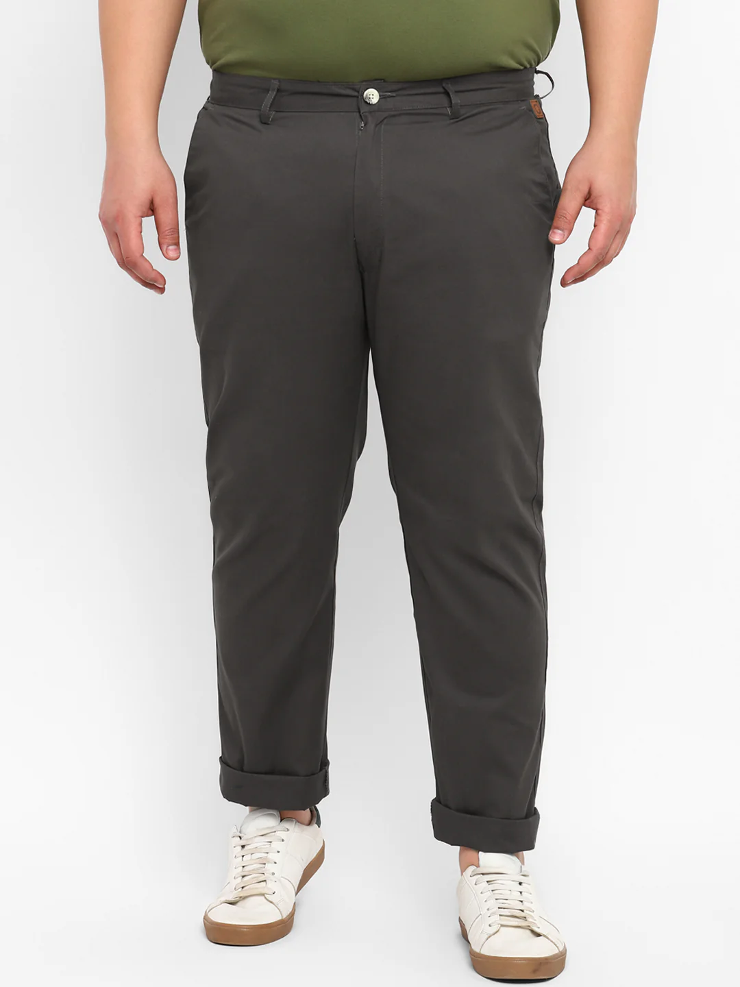 Plus Men's Dark Grey Cotton Regular Fit Casual Chinos Trousers