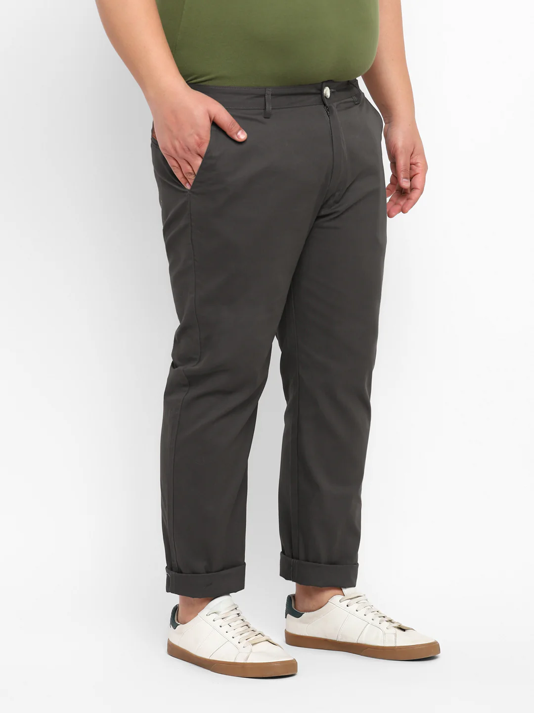 Plus Men's Dark Grey Cotton Regular Fit Casual Chinos Trousers - Image 2
