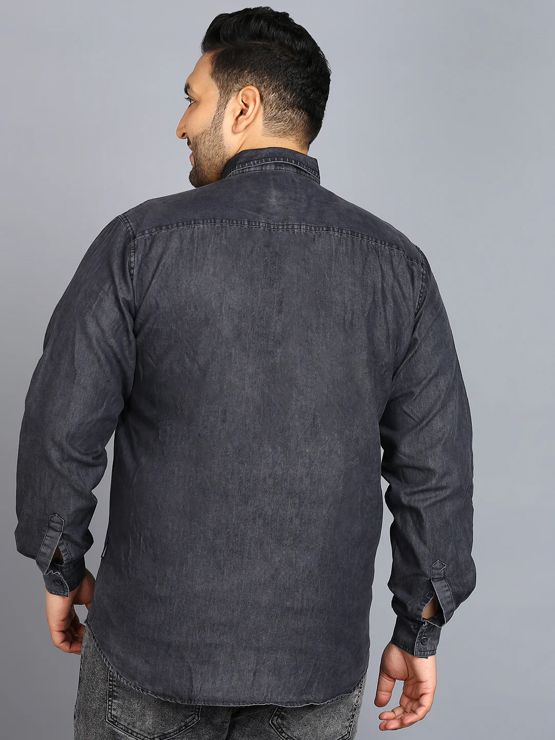 Plus Men's Dark Grey Denim Full Sleeve Regular Fit Washed Casual Shirt - Image 3