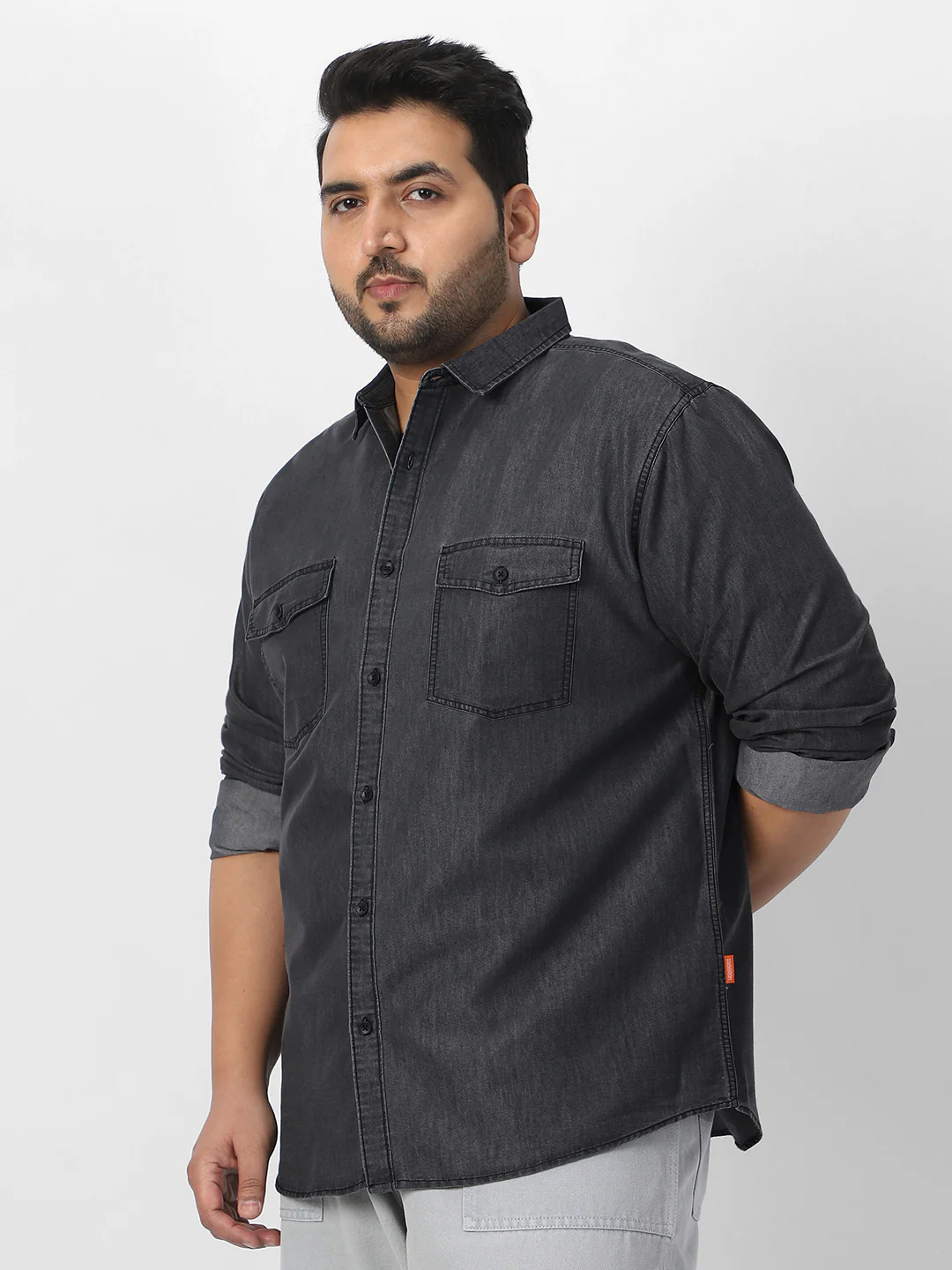 Plus Men's Dark Grey Full Sleeve Regular Fit Casual Denim Shirt - Image 2
