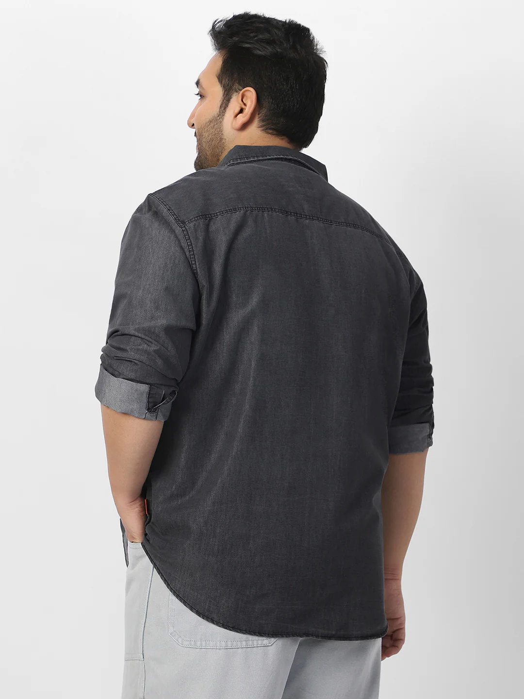 Plus Men's Dark Grey Full Sleeve Regular Fit Casual Denim Shirt - Image 3