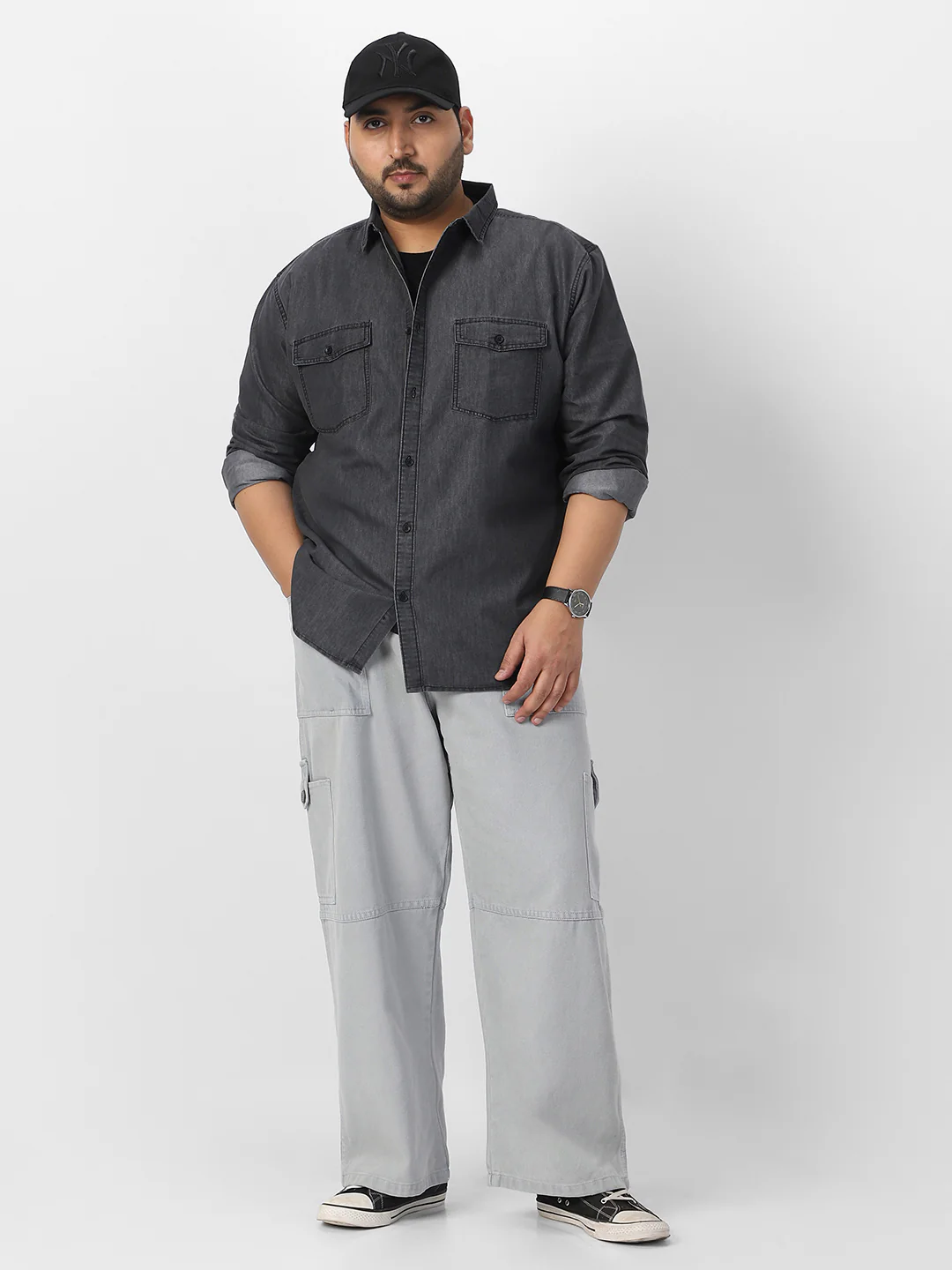 Plus Men's Dark Grey Full Sleeve Regular Fit Casual Denim Shirt - Image 4