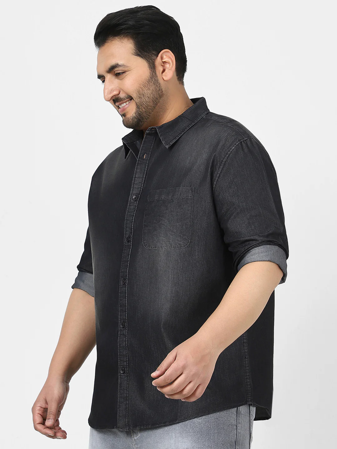 Plus Men's Dark Grey Full Sleeve Regular Fit Casual Denim Shirt - Image 2