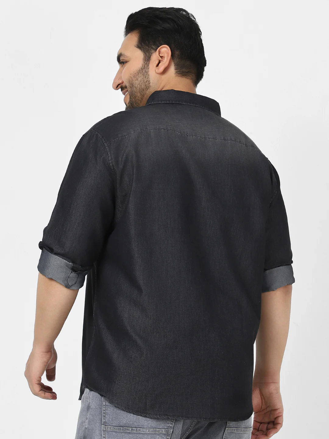 Plus Men's Dark Grey Full Sleeve Regular Fit Casual Denim Shirt - Image 3