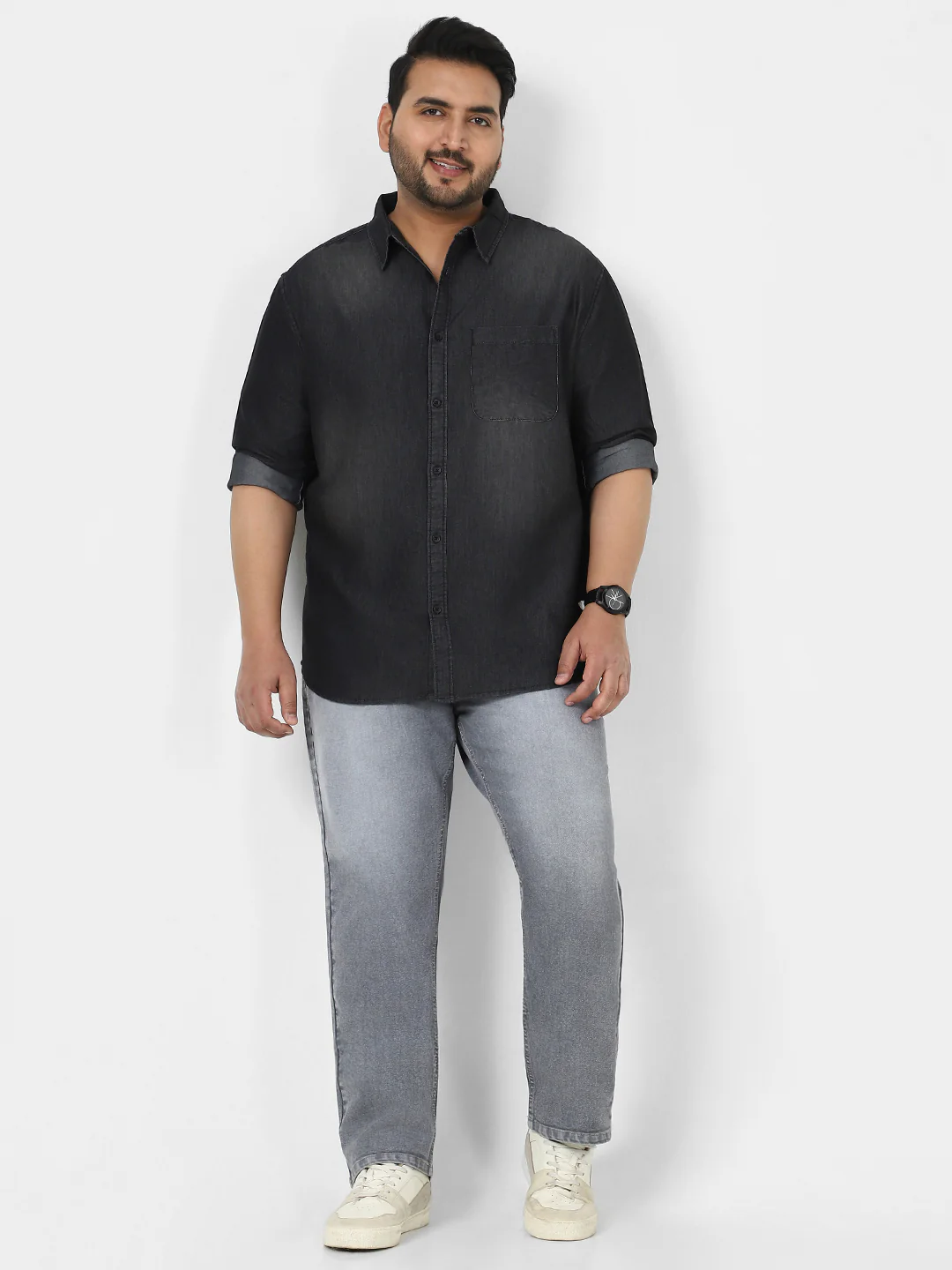 Plus Men's Dark Grey Full Sleeve Regular Fit Casual Denim Shirt - Image 4