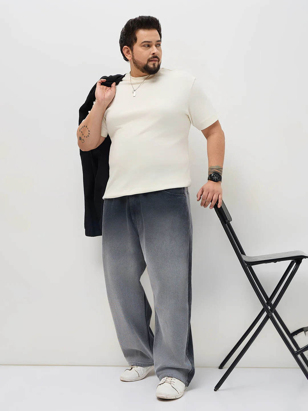Plus Men's Dark Grey Loose Baggy Fit Heavy Washed Faded Denim Jeans Non-Stretchable - Image 4