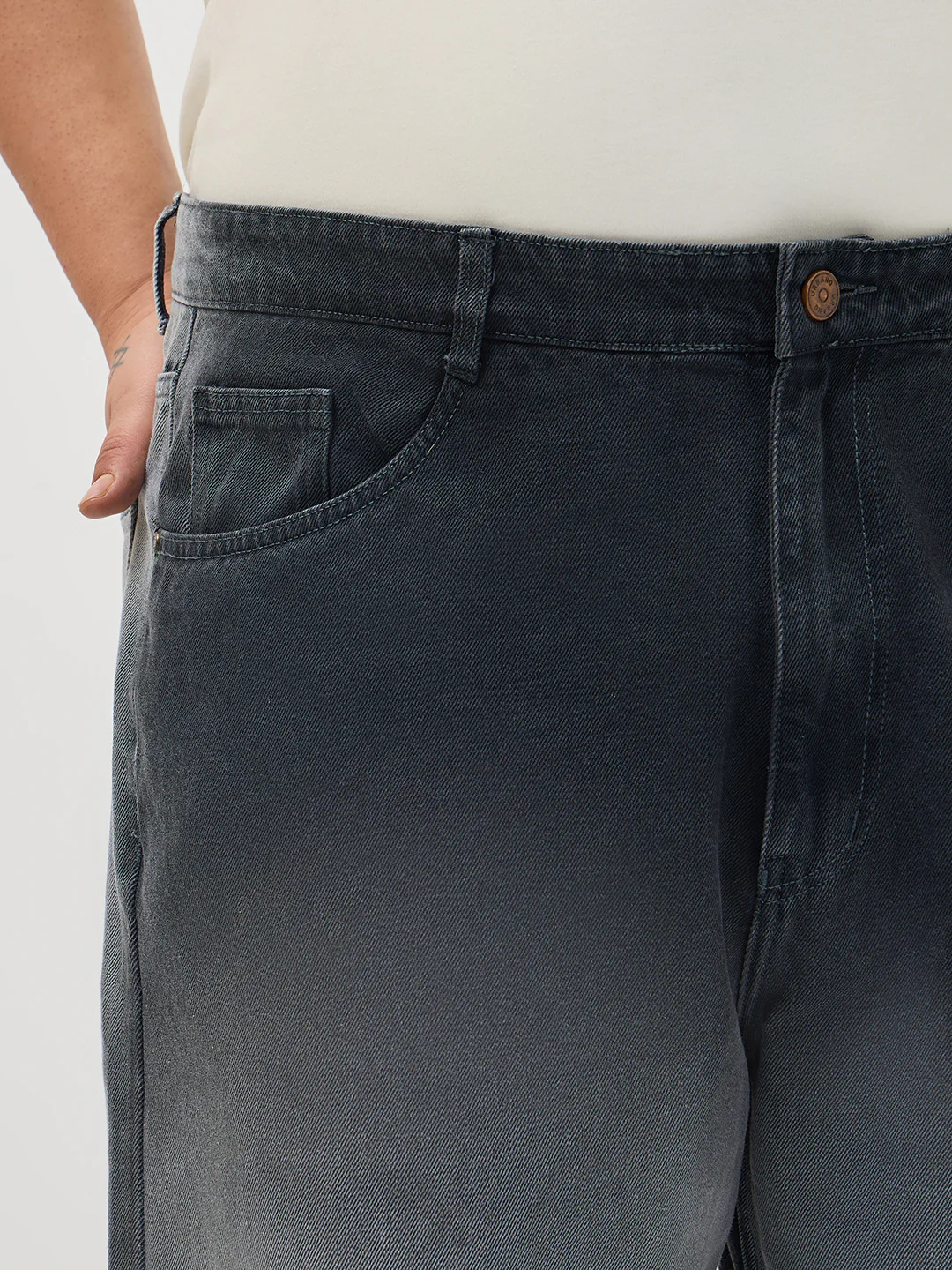 Plus Men's Dark Grey Loose Baggy Fit Heavy Washed Faded Denim Jeans Non-Stretchable - Image 5