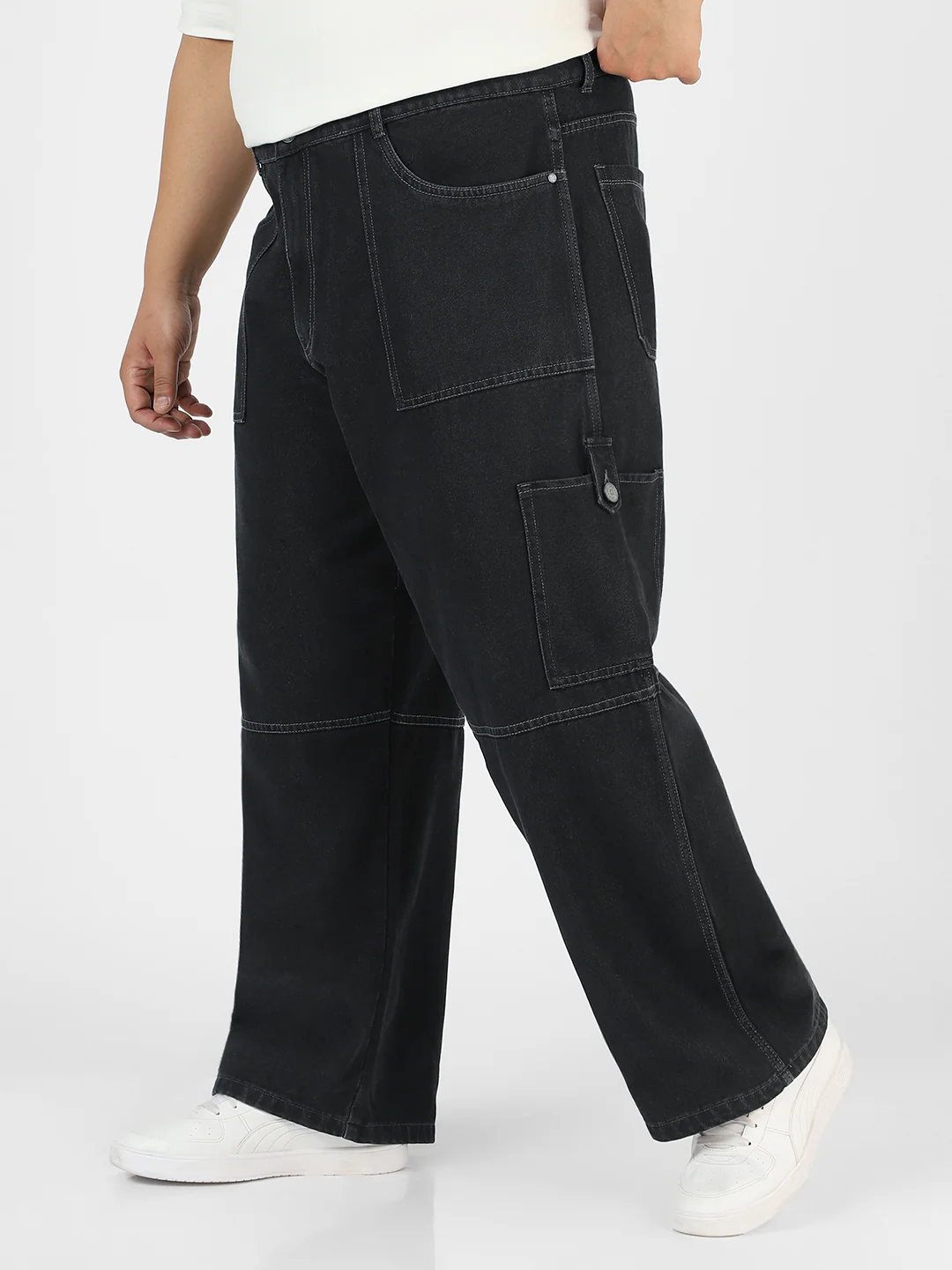 Plus Men's Dark Grey Loose Baggy Fit Washed Cargo Jeans with 6 Pockets Non-Stretchable - Image 2