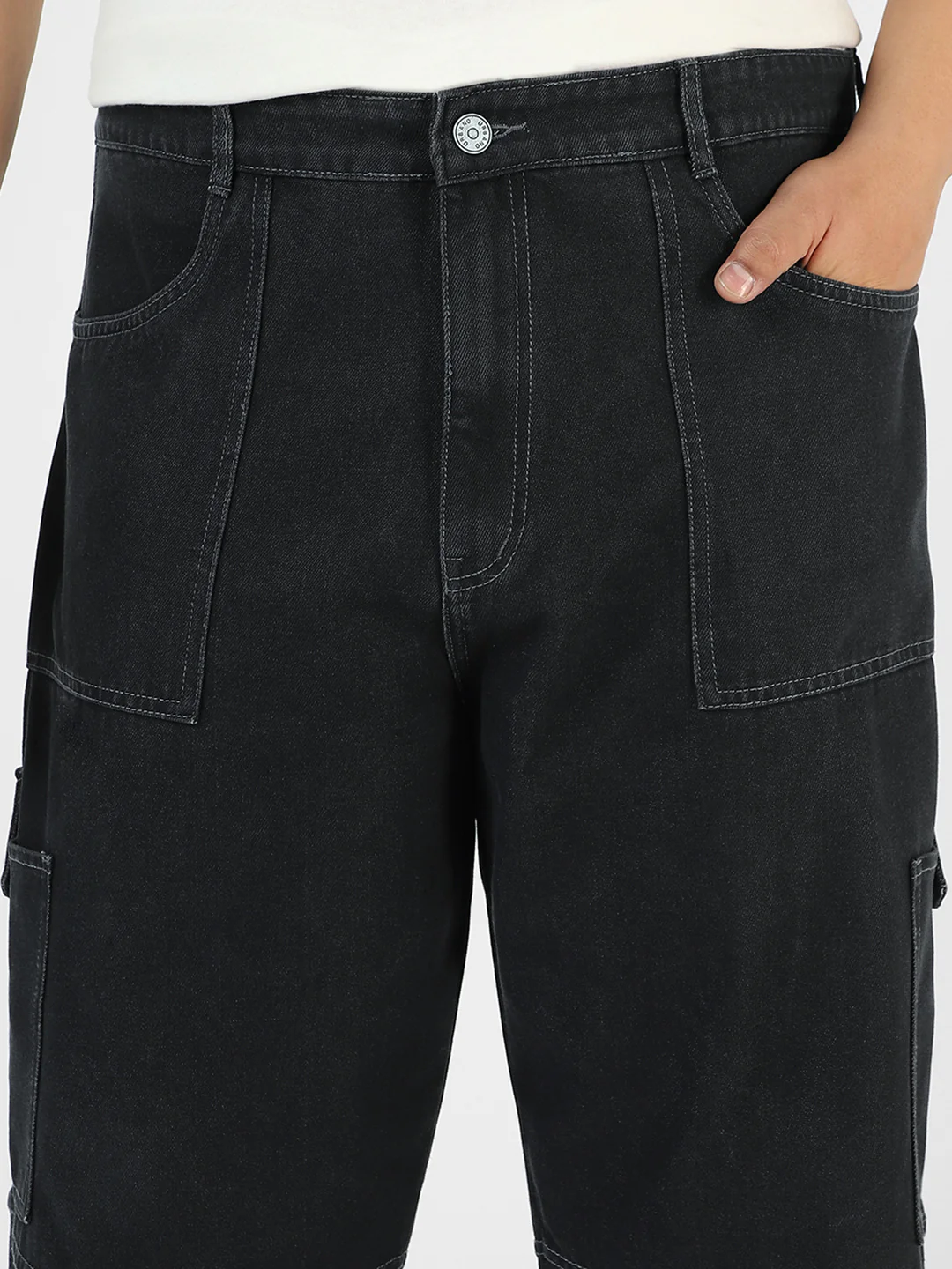 Plus Men's Dark Grey Loose Baggy Fit Washed Cargo Jeans with 6 Pockets Non-Stretchable - Image 5