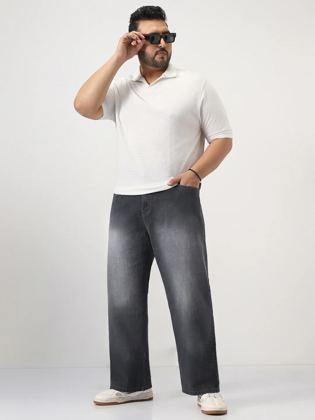 Plus Men's Dark Grey Loose Baggy Fit Washed Denim Jeans Non-Stretchable - Image 4