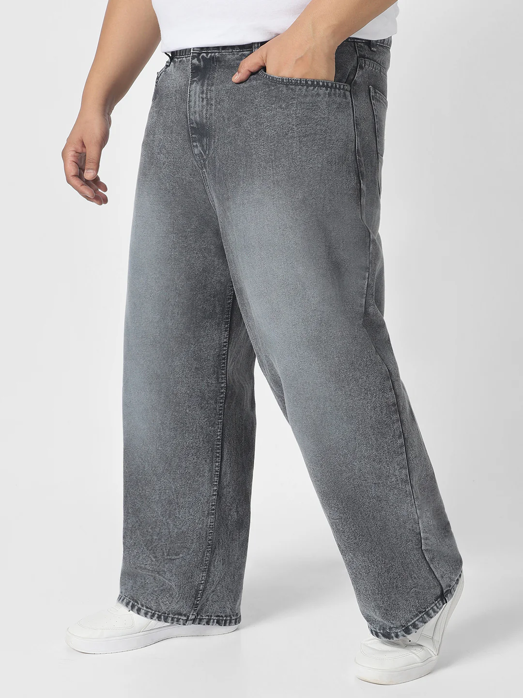 Plus Men's Dark Grey Loose Baggy Fit Washed Jeans Non-Stretchable - Image 2