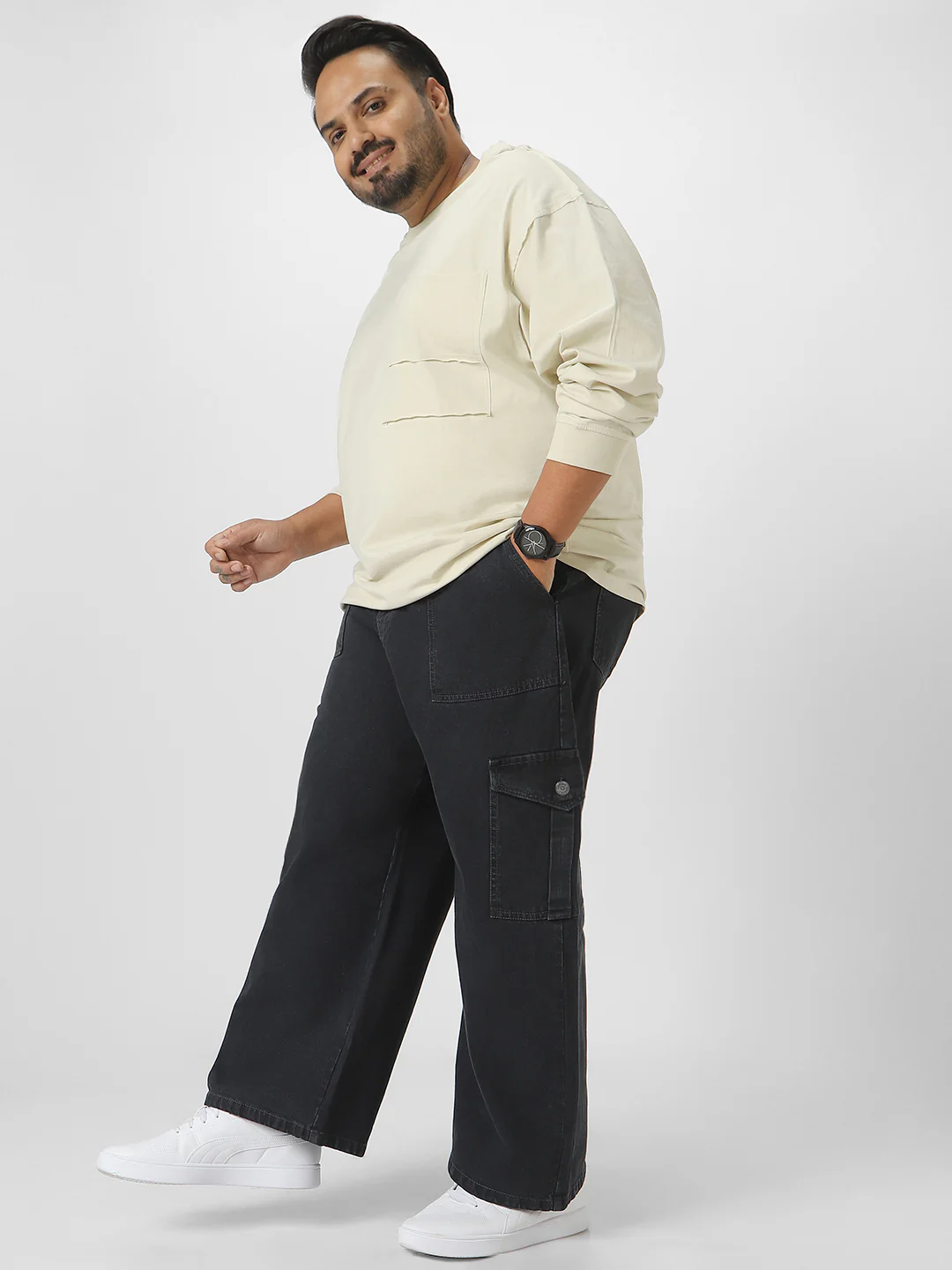 Plus Men's Dark Grey Loose Fit Cargo Jeans with 6 Pockets Non-Stretchable - Image 4