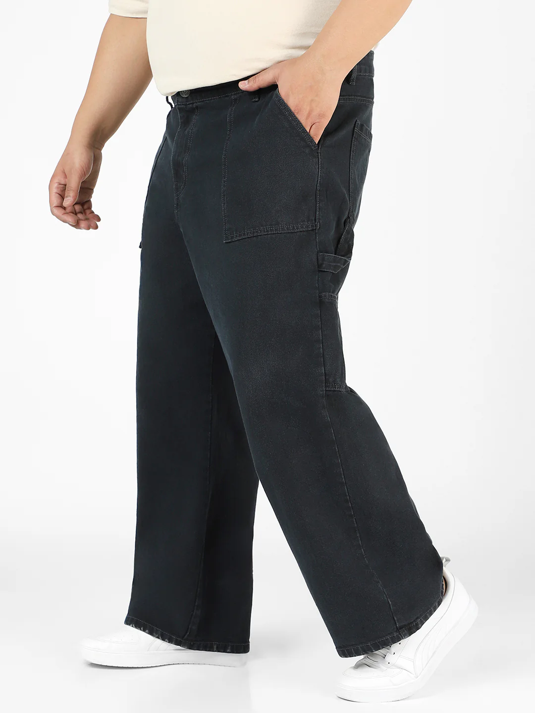 Plus Men's Dark Grey Loose Fit Cargo Carpenter Jeans With 6 Pockets Non-Stretchable - Image 2