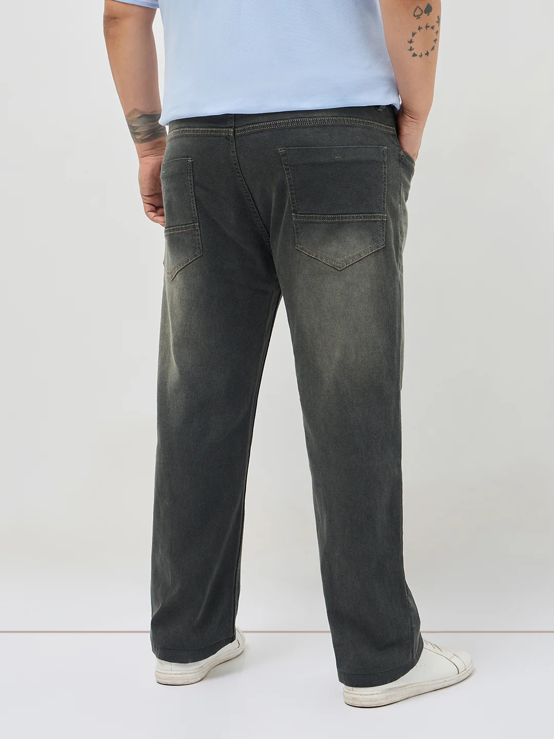 Plus Men's Dark Grey Regular Fit Whisker Washed Yellow Tint Denim Jeans Stretchable - Image 3