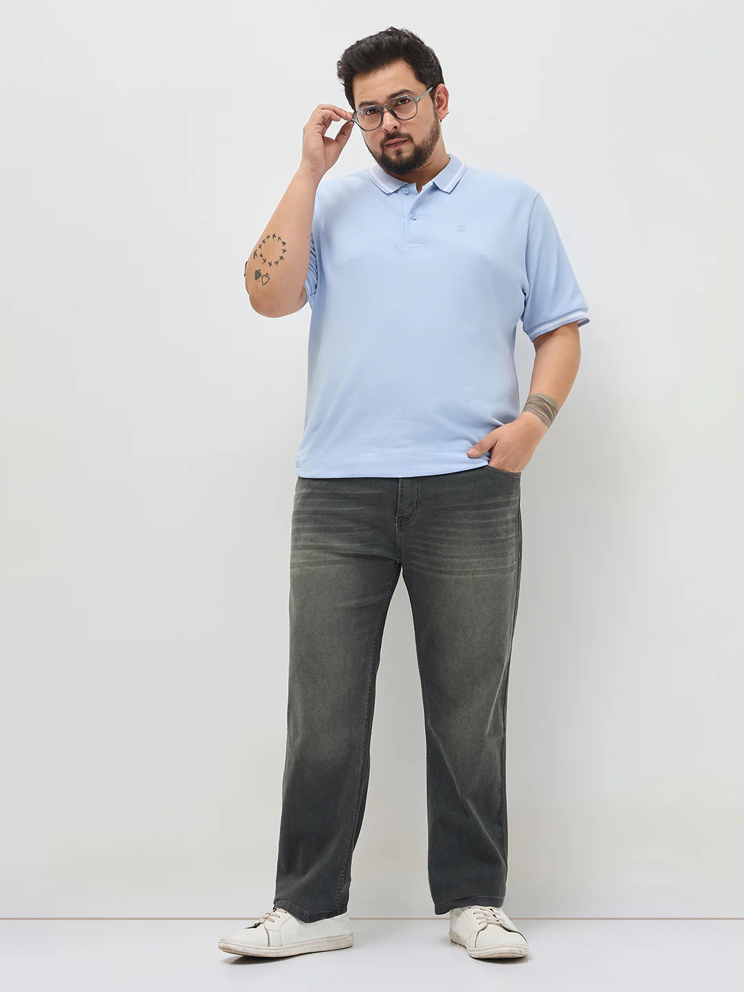 Plus Men's Dark Grey Regular Fit Whisker Washed Yellow Tint Denim Jeans Stretchable - Image 4