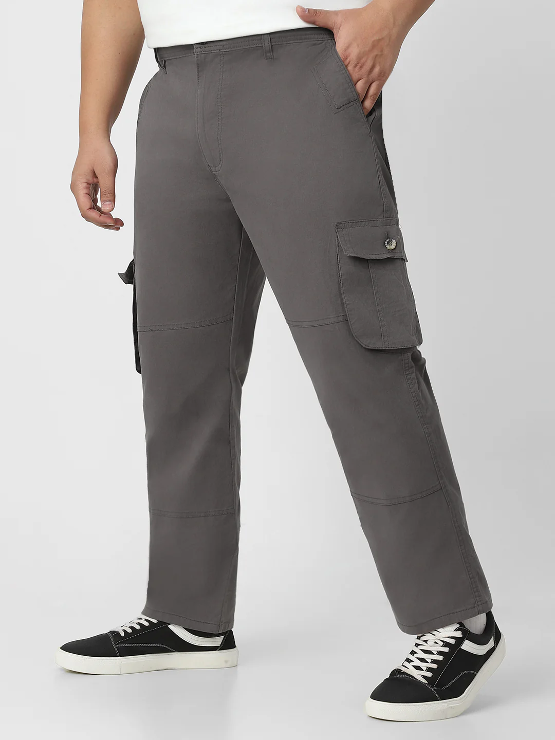 Plus Men's Dark Grey Regular Fit Solid Cargo Chino Pant with 6 Pockets - Image 3