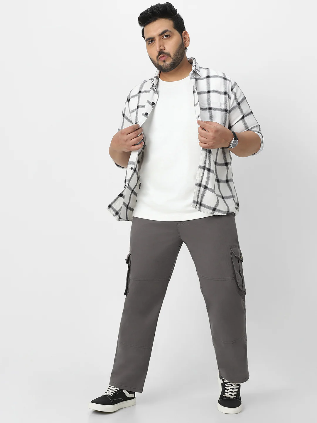Plus Men's Dark Grey Regular Fit Solid Cargo Chino Pant with 6 Pockets - Image 5