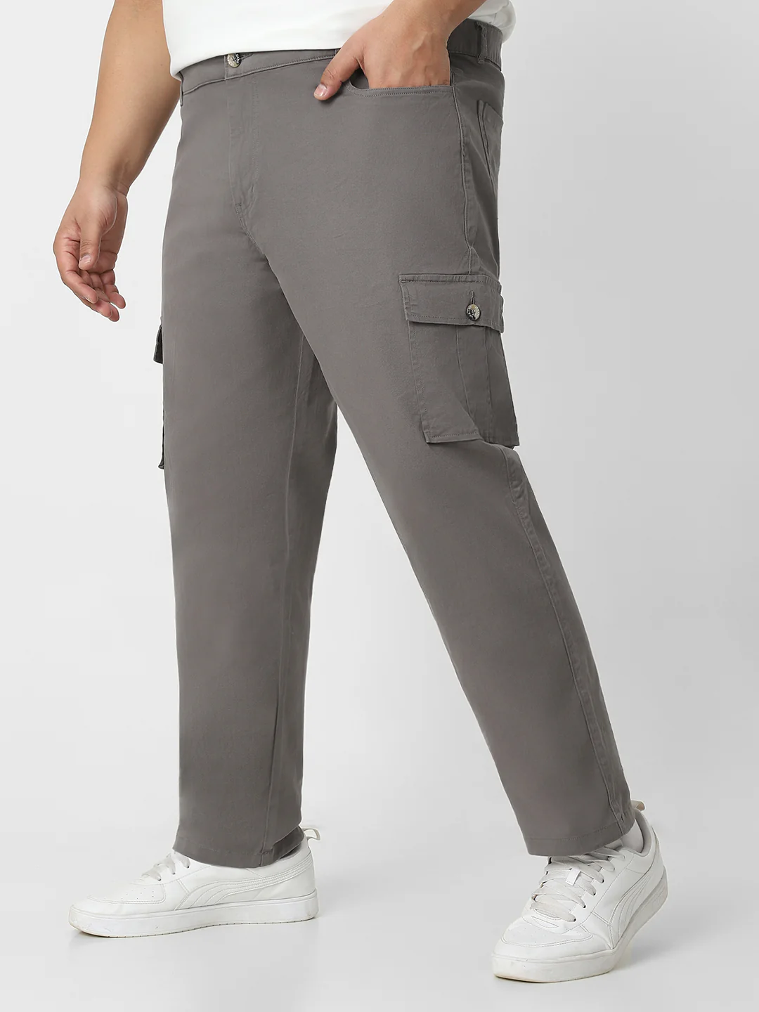Plus Men's Dark Grey Regular Fit Solid Cargo Chino Pant with 6 Pockets Stretchable - Image 2