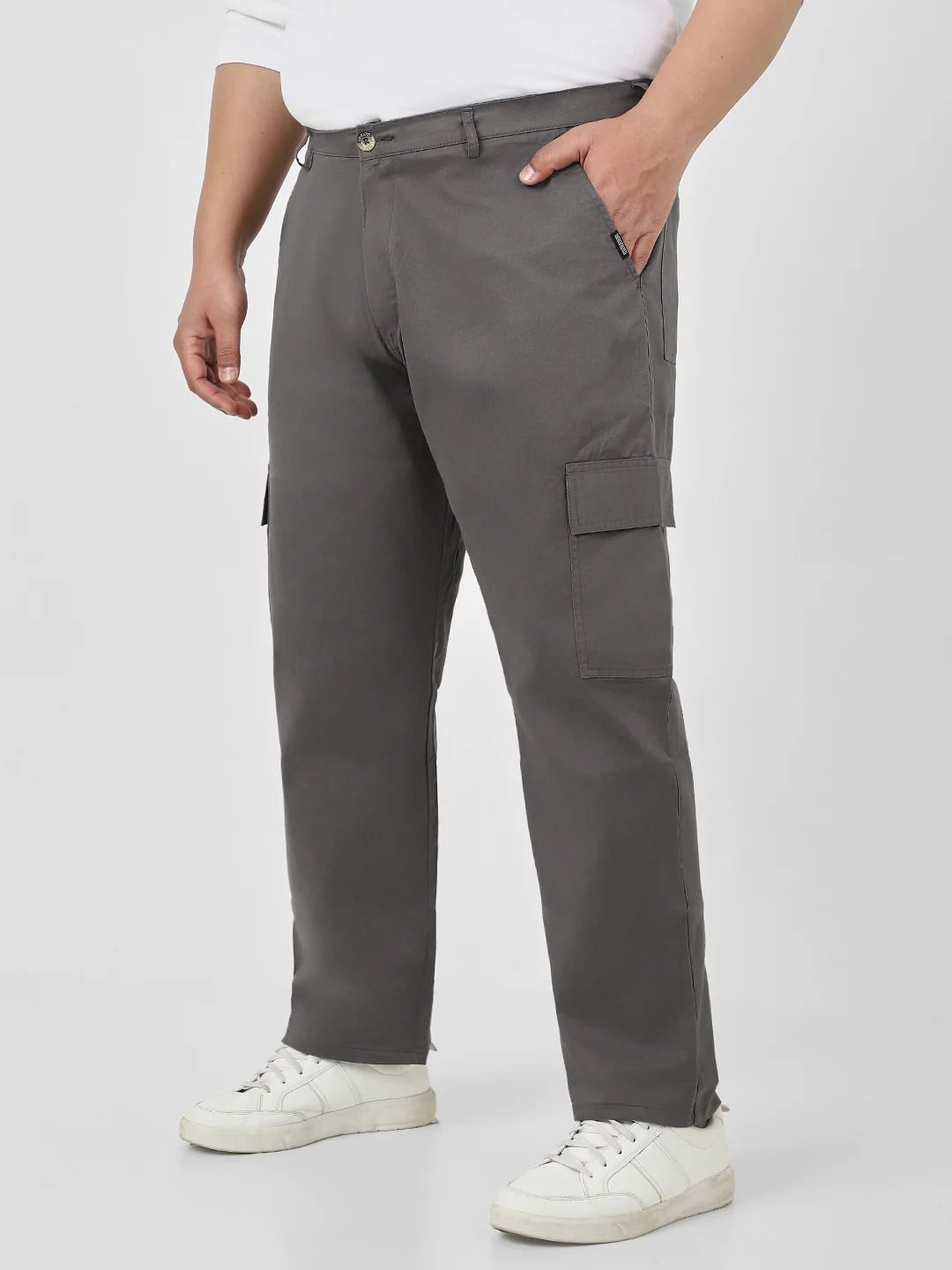 Plus Men's Dark Grey Regular Fit Solid Cargo Chino Pant with 6 Pockets Stretchable - Image 2