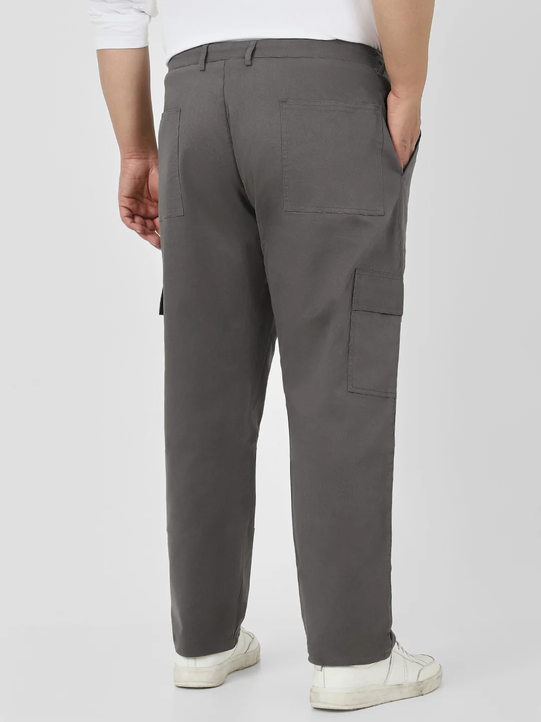 Plus Men's Dark Grey Regular Fit Solid Cargo Chino Pant with 6 Pockets Stretchable - Image 3