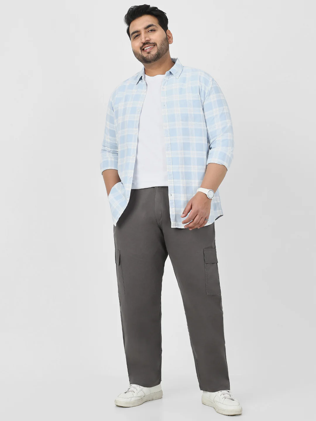 Plus Men's Dark Grey Regular Fit Solid Cargo Chino Pant with 6 Pockets Stretchable - Image 4