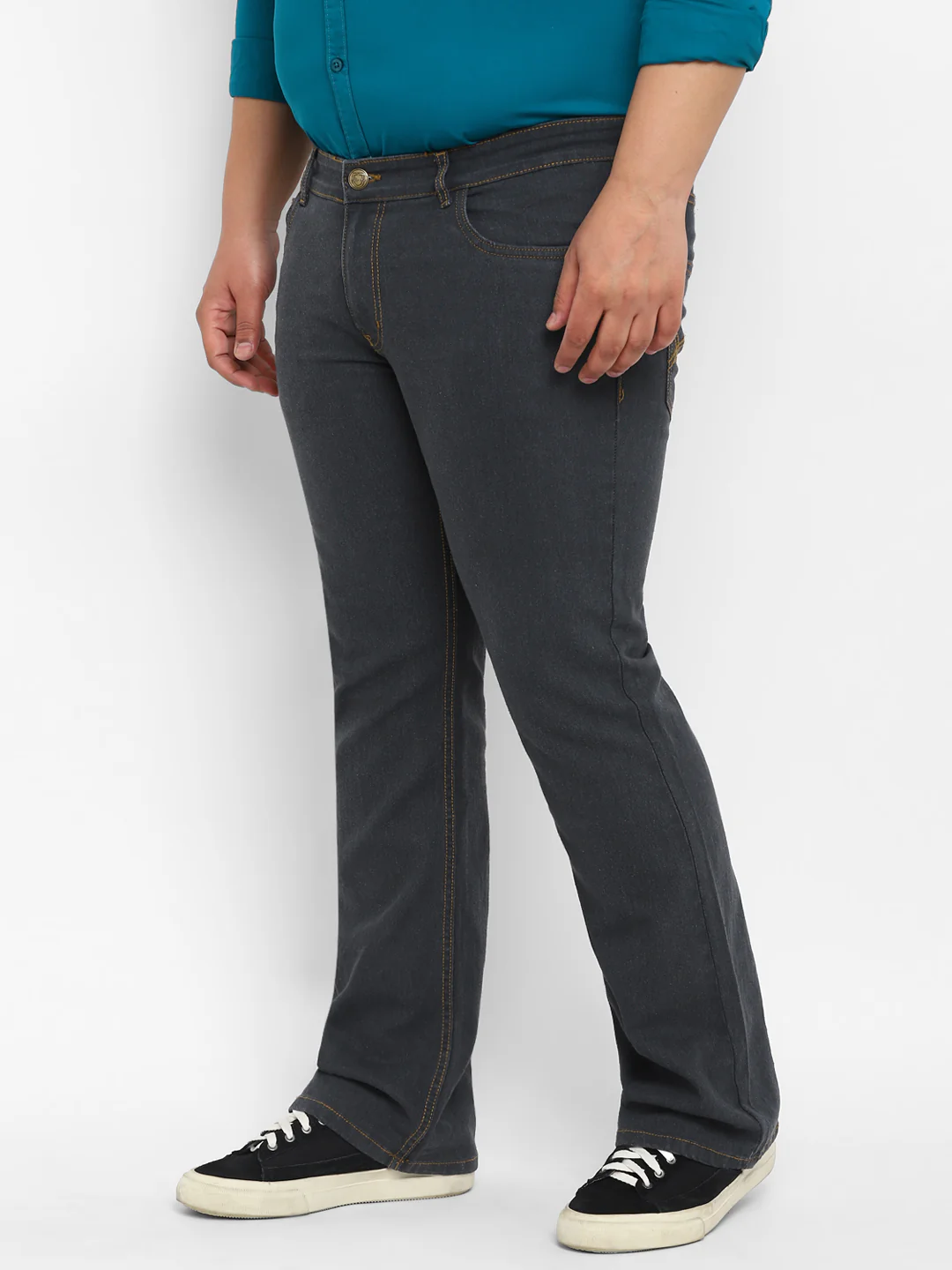 Plus Men's Dark Grey Regular Fit Washed Denim Bootcut Jeans Stretchable - Image 2