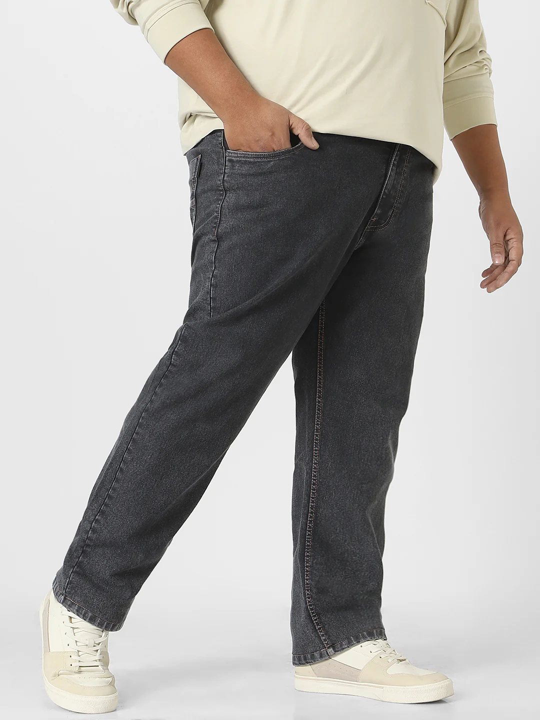 Plus Men's Dark Grey Regular Fit Washed Jeans Stretchable - Image 2
