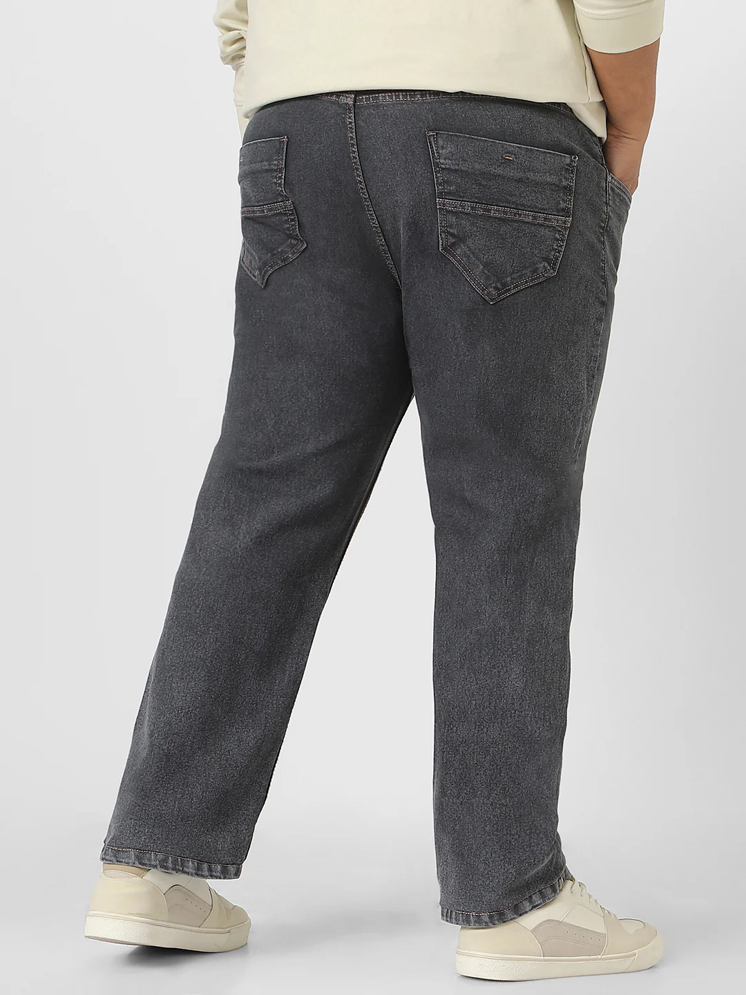 Plus Men's Dark Grey Regular Fit Washed Jeans Stretchable - Image 3