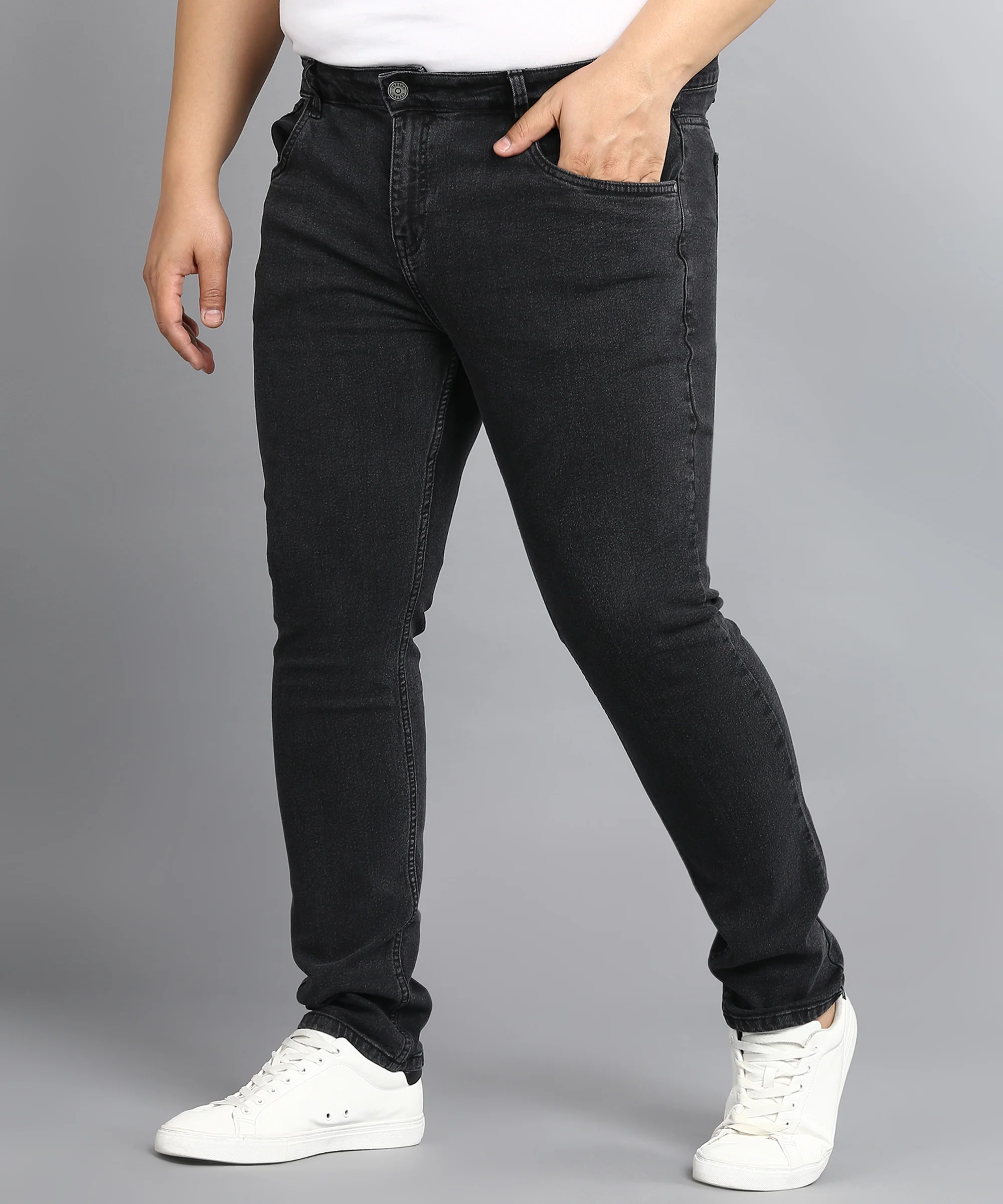 Plus Men's Dark Grey Regular Fit Washed Jeans Stretchable - Image 2