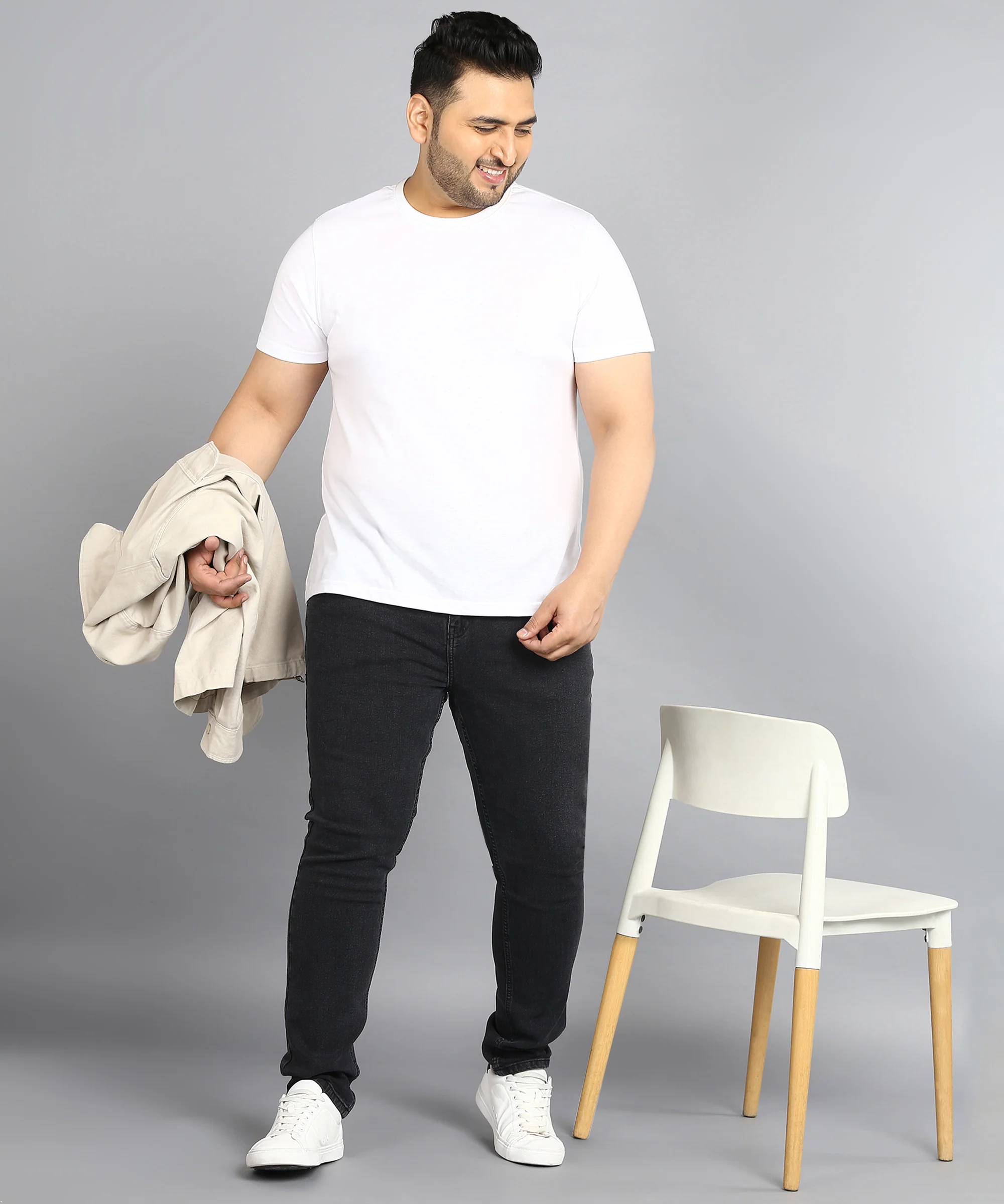 Plus Men's Dark Grey Regular Fit Washed Jeans Stretchable - Image 4