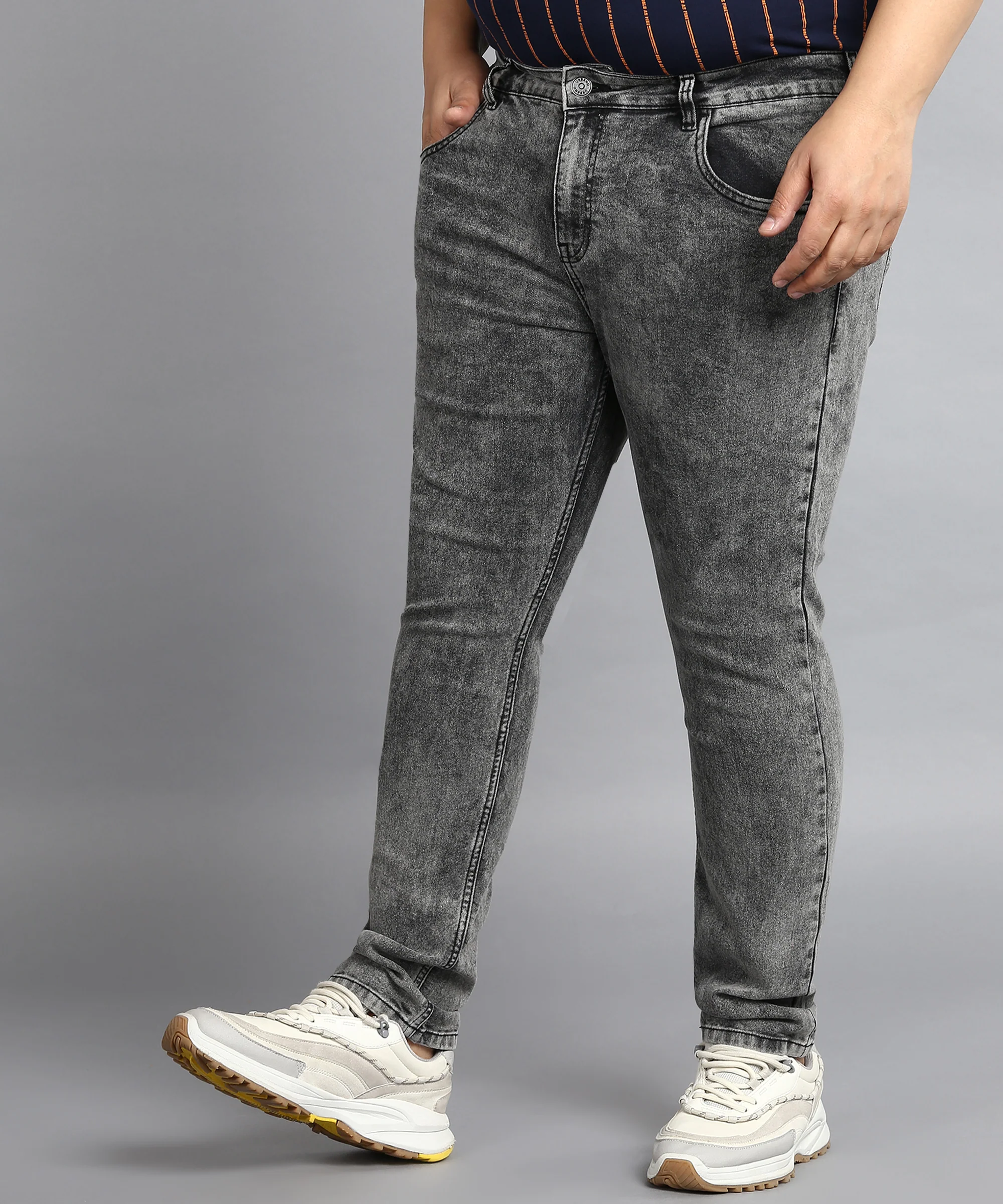 Plus Men's Dark Grey Regular Fit Washed Jeans Stretchable - Image 2