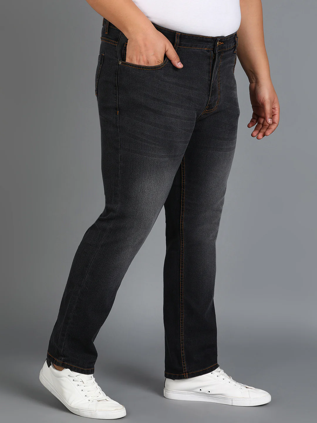 Plus Men's Dark Grey Regular Fit Washed Jeans Stretchable - Image 2