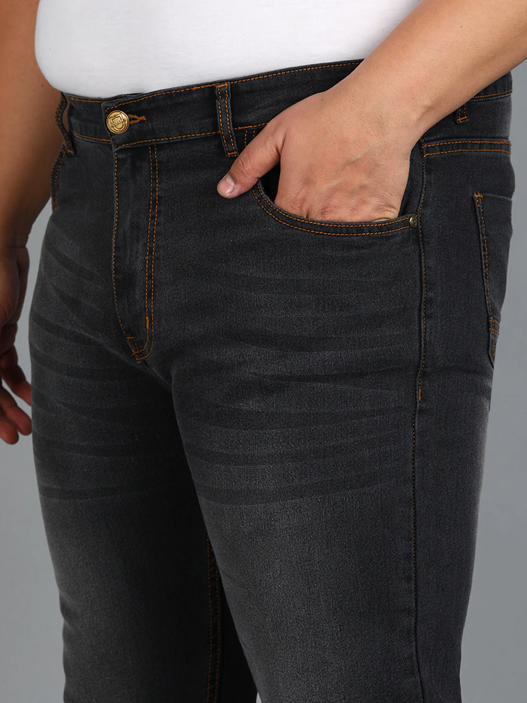 Plus Men's Dark Grey Regular Fit Washed Jeans Stretchable - Image 5