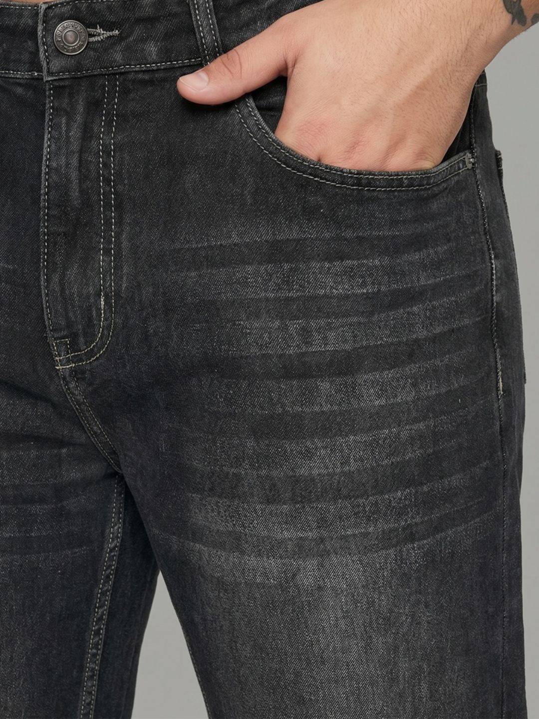 Plus Men's Dark Grey Relaxed Fit Washed Denim Jeans Non-Stretchable - Image 5