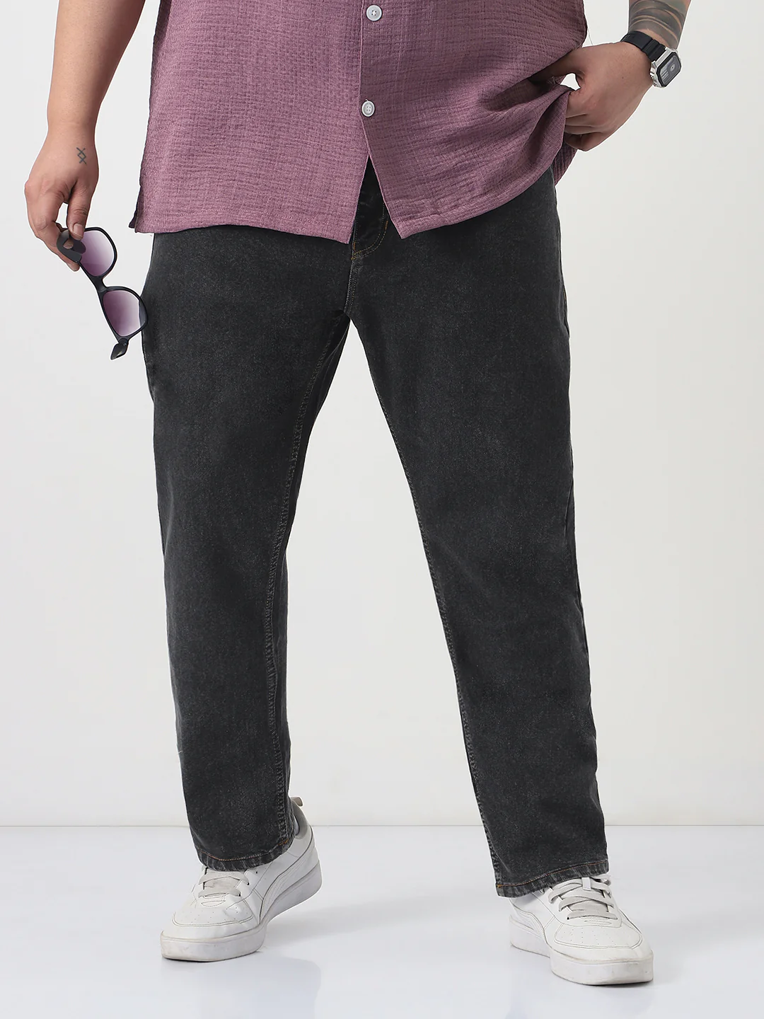 Plus Men's Dark Grey Slim Fit Washed Denim Jeans Stretchable