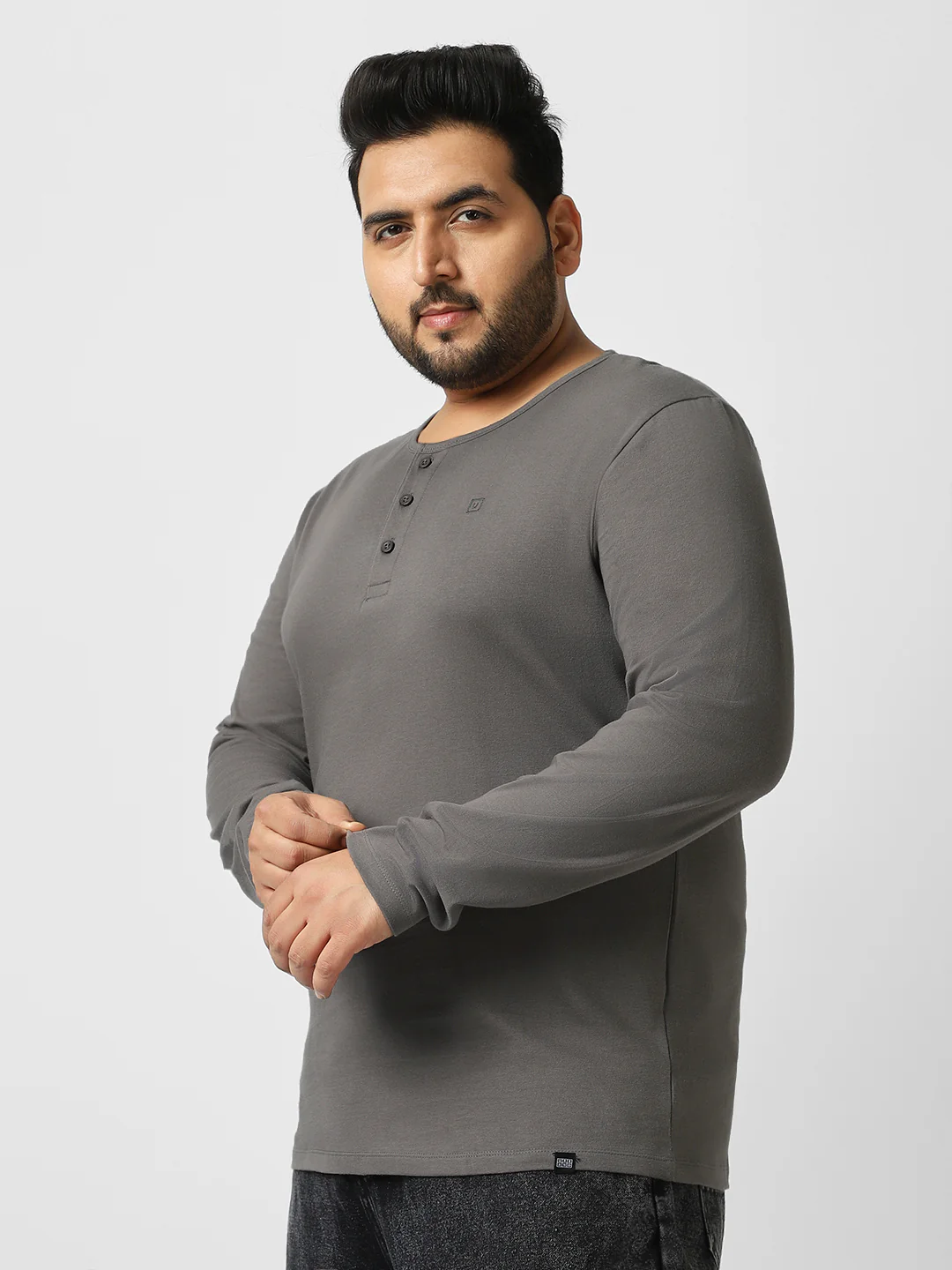 Plus Men's Dark Grey Solid Henley Neck Regular Fit Full Sleeve Cotton T-Shirt - Image 2