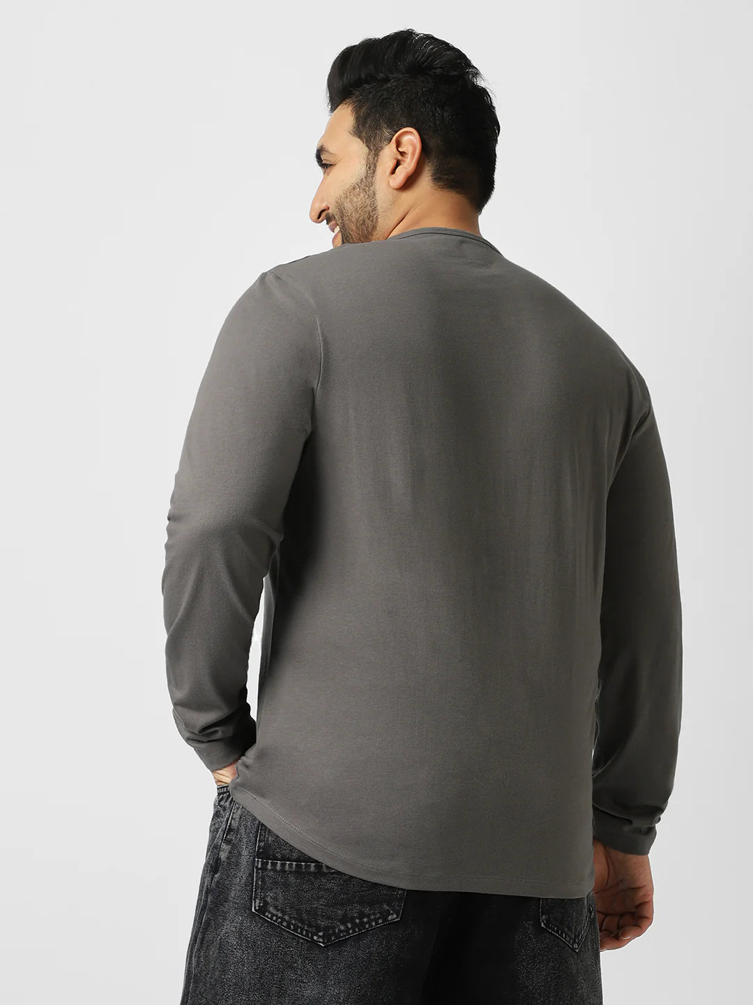 Plus Men's Dark Grey Solid Henley Neck Regular Fit Full Sleeve Cotton T-Shirt - Image 3
