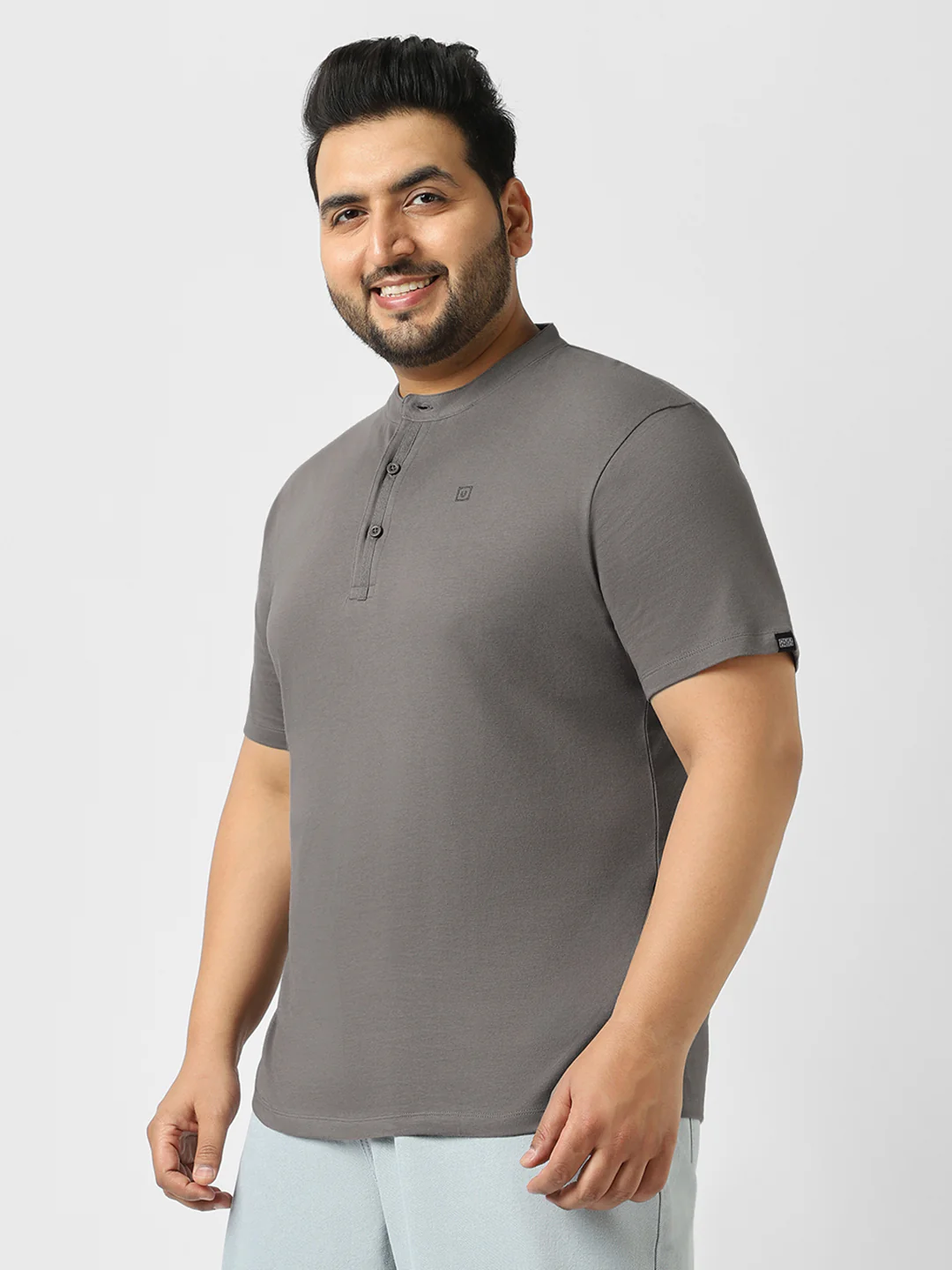 Plus Men's Dark Grey Solid Mandarin Collar Regular Fit Half Sleeve Cotton T-Shirt - Image 2