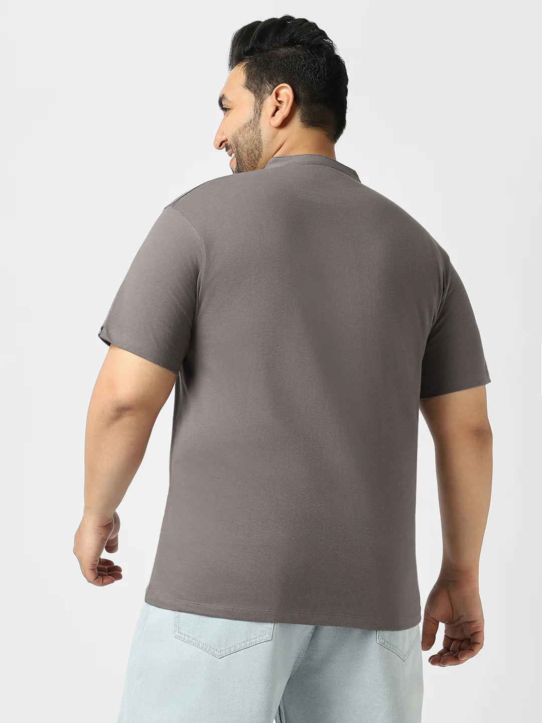 Plus Men's Dark Grey Solid Mandarin Collar Regular Fit Half Sleeve Cotton T-Shirt - Image 3