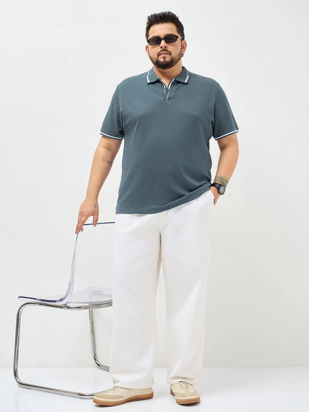 Plus Men's Dark Grey Solid Regular Fit Half Sleeve Cotton Polo T-Shirt - Image 4