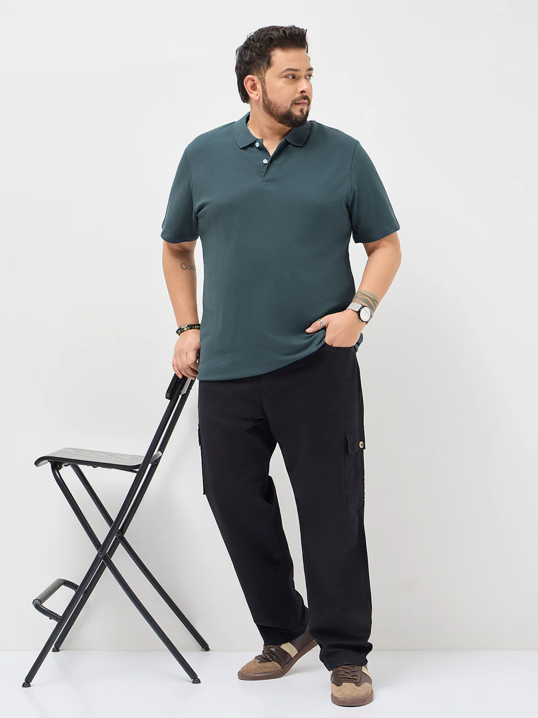 Plus Men's Dark Grey Solid Regular Fit Half Sleeve Cotton Polo T-Shirt - Image 4