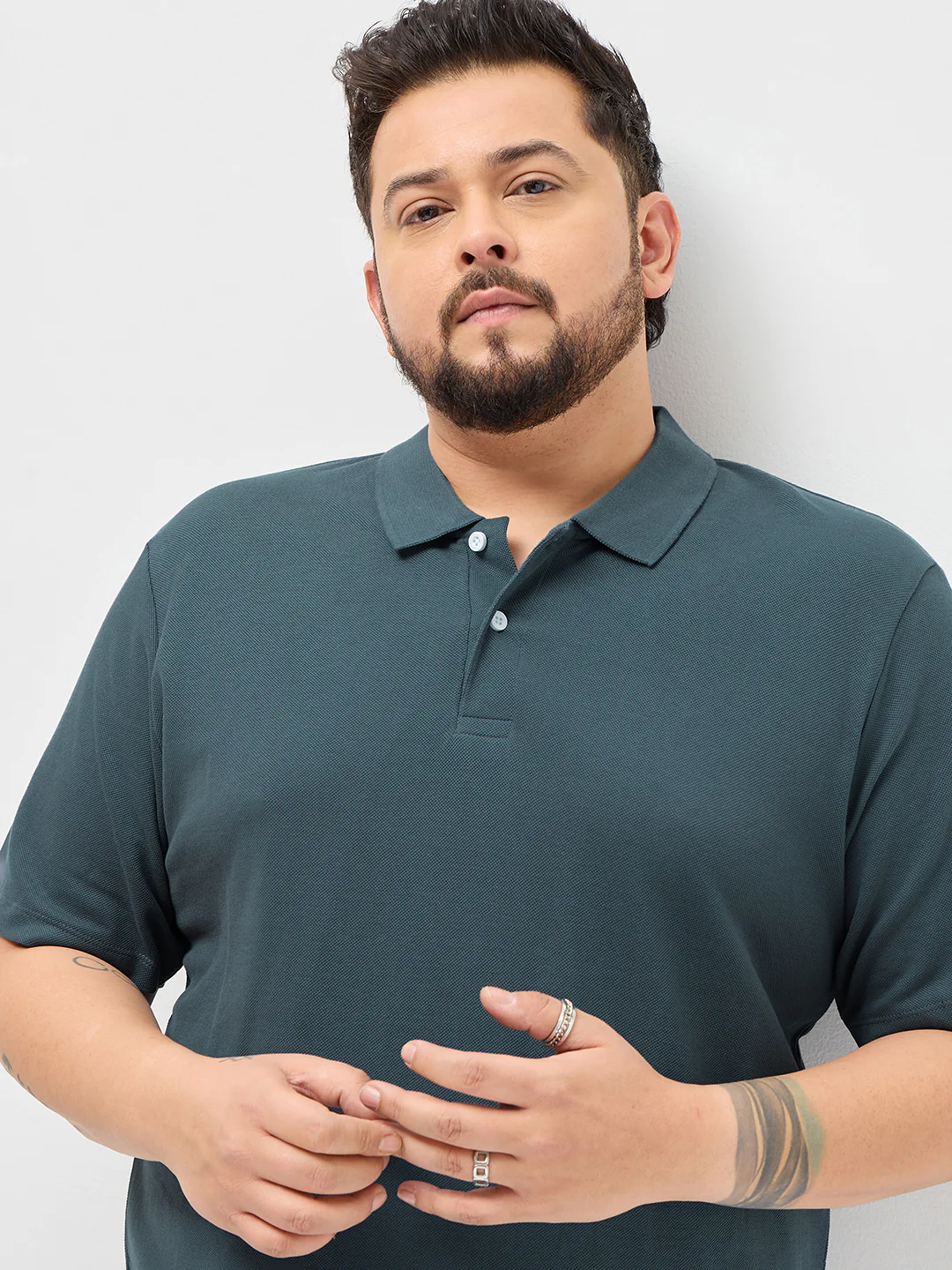 Plus Men's Dark Grey Solid Regular Fit Half Sleeve Cotton Polo T-Shirt - Image 5