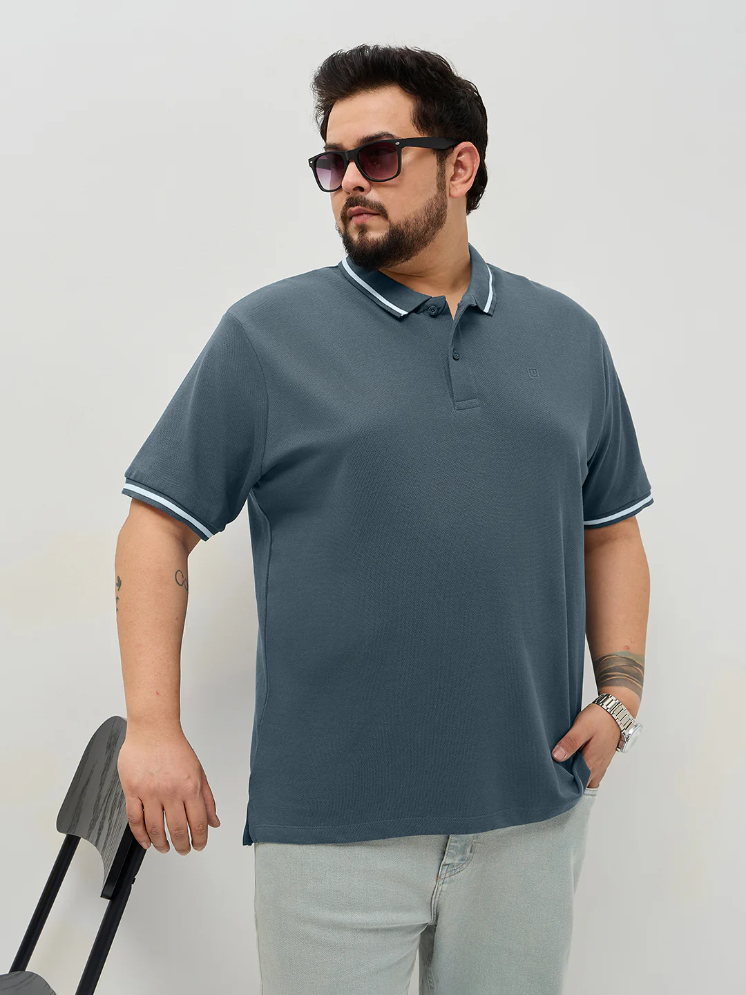 Plus Men's Dark Grey Solid Regular Fit Half Sleeve Cotton Polo T-Shirt